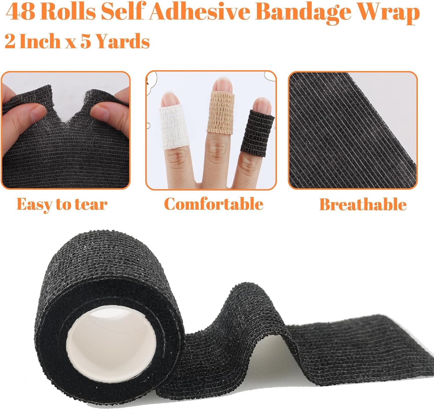 48 Rolls Self Adhesive Bandage Wrap Vet Wrap 2 Inch for Horses Dogs Wounds Care, Self Sticking Elastic Bandage Wrap Tape for Wrist, Ankle, Sports, Tatto (Black)