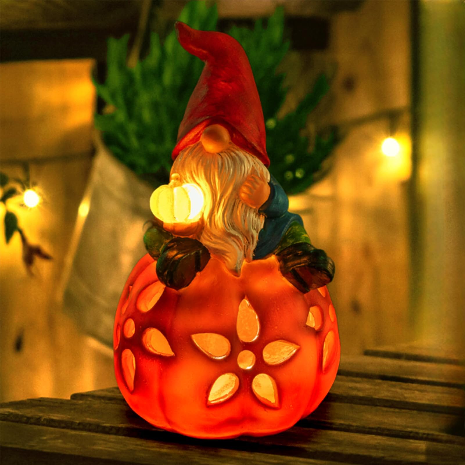 WONDHOME Solar Gnome Statues Outdoor Decor Christmas Resin Gnomes Figurine Holding Pumpkin with LED Lights Gifts for Women Mom, Unique Yard Art Sculpture for Patio Yard Lawn, Pumpkin Gnome
