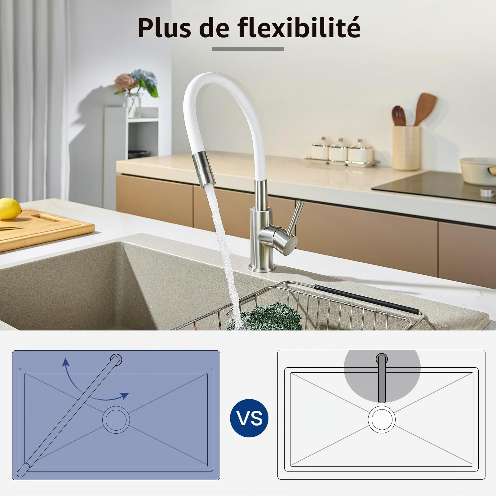CECIPA Robinet de Cuisine Flexible, Mitigeur Cuisine Blanc Flexible Acier en Inoxydable 304, Mitigeur 2 Jets Mousse/Pulvérisation Pivotant 360°, Robinet d'Évier Haute Pression Économie d'Eau 40%