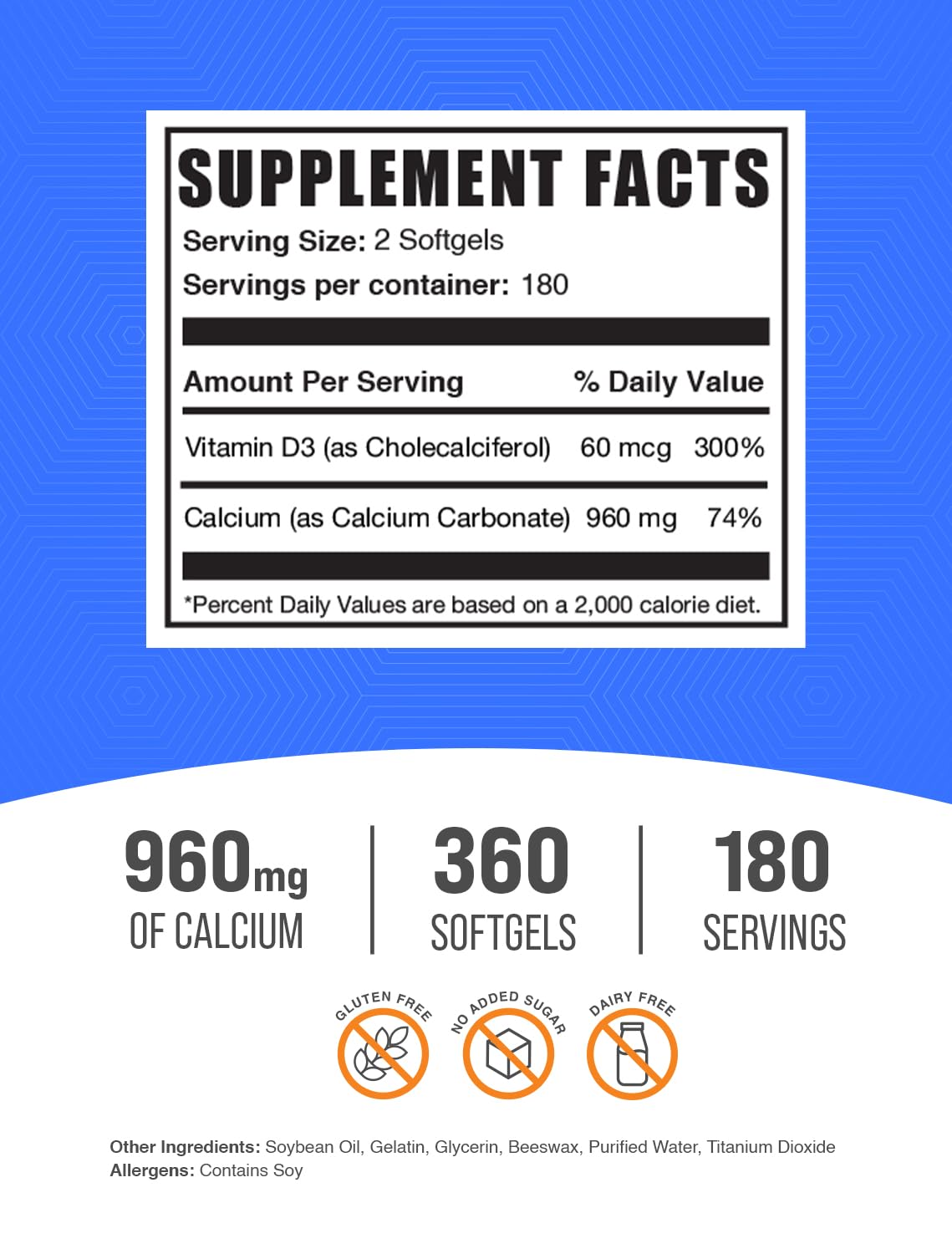 BulkSupplements.com Calcium Carbonate & Vitamin D3 Softgels - Calcium and Vitamin D3, Calcium & D3 Supplement for Immune Support - Gluten Free, 2 Softgels per Serving, 360 Count (Pack of 1) — Amazon image 2