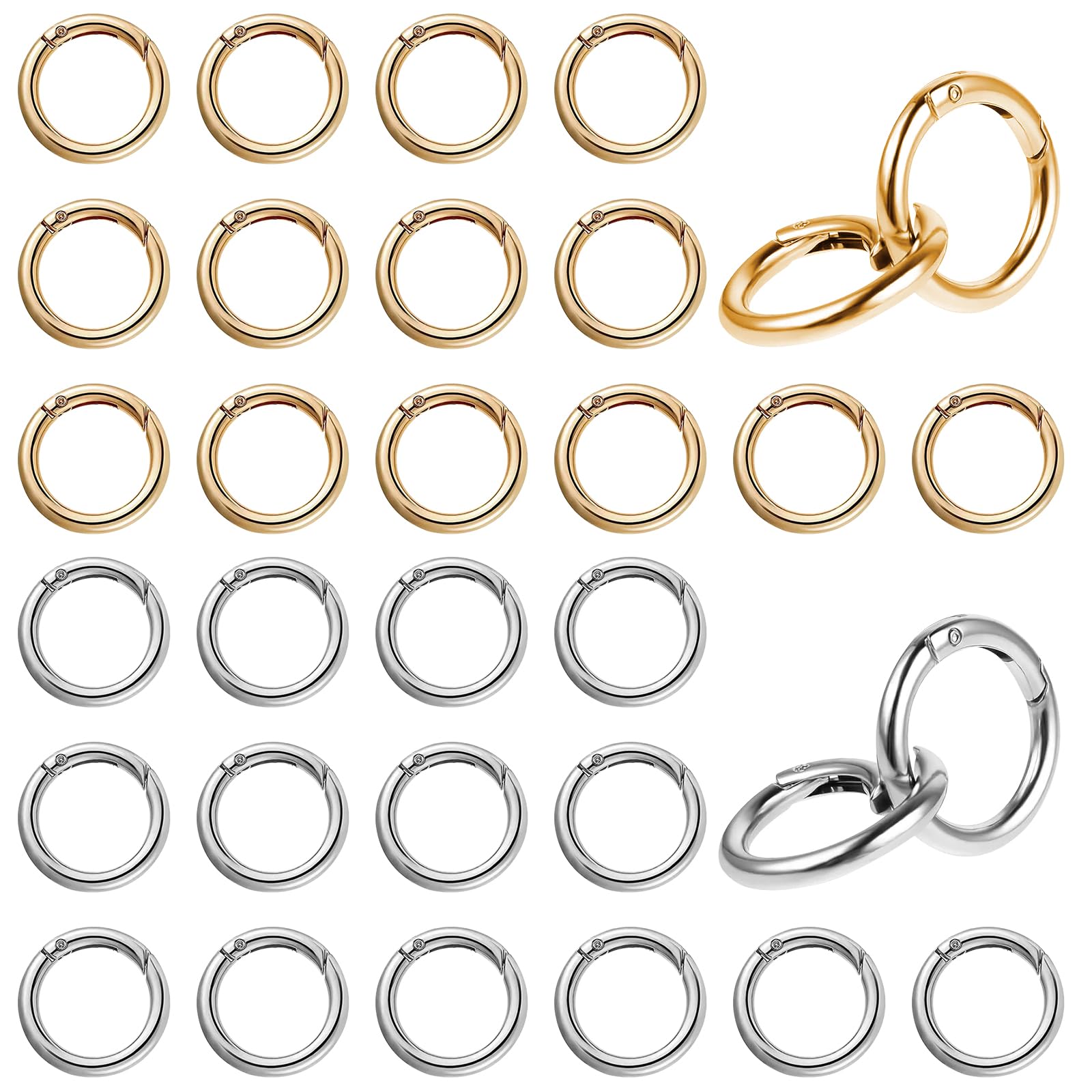 32 mosquetones redondos de 28 mm para bolsos, gancho, hebilla llavero, mochilas, carteras, equipaje, correas, manualidades (plateado y dorado)