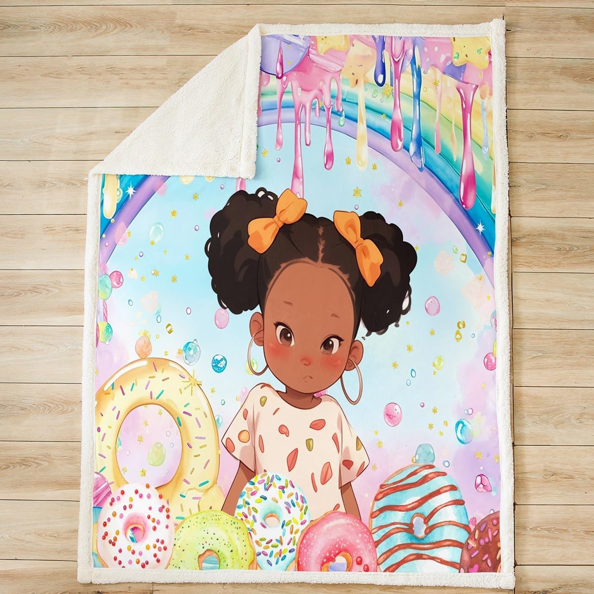 Kawaii Girl Flannel Blanket,Colorful Donuts Dessert Themed Black Fuzzy Blanket for Children Present,Rainbow Cream Print American Style Polyester Throw Blanket for Couch, Twin Size (60 x 80 Inch)