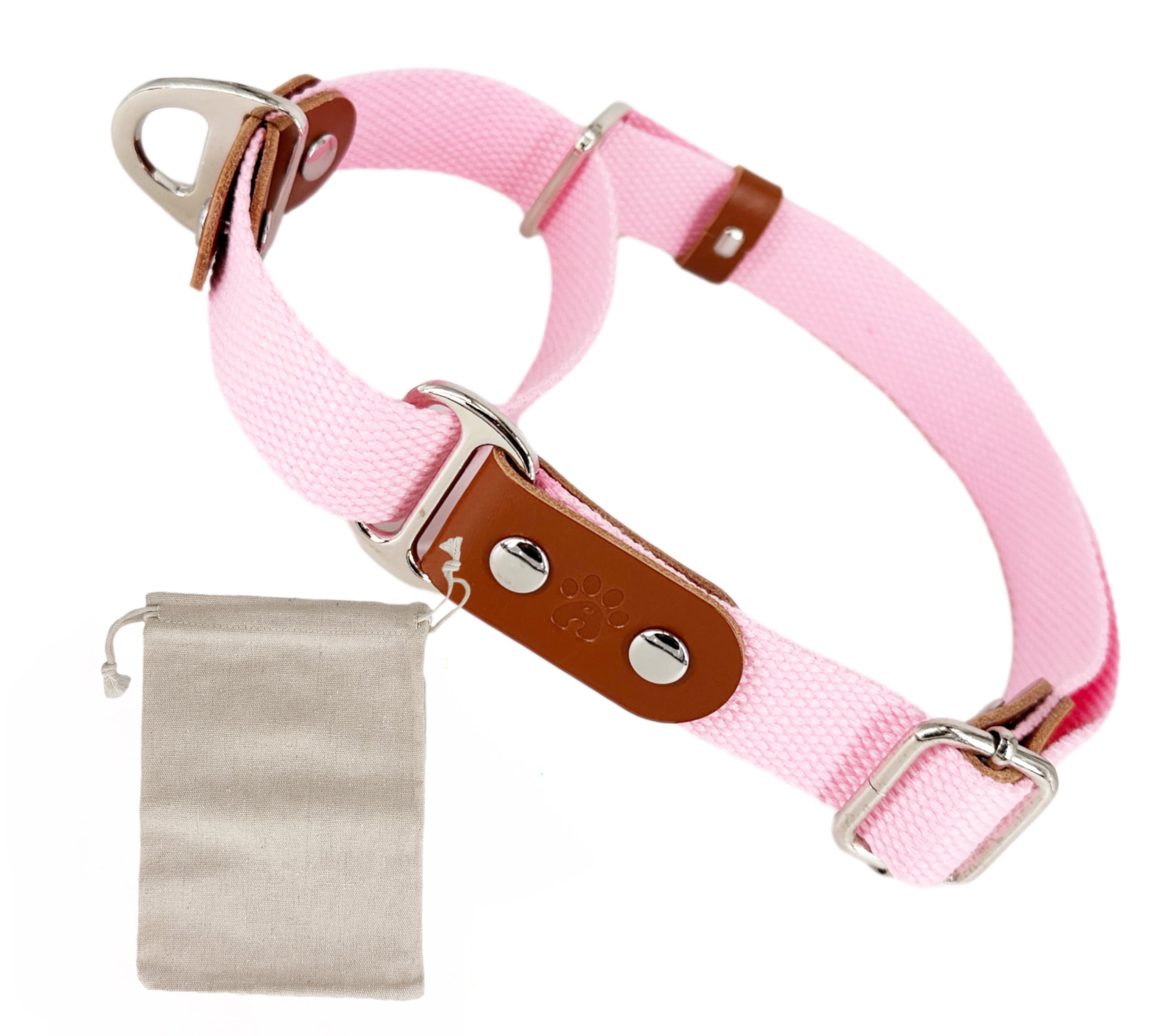 Martingale Dog Choke Collar, Antipull, Poly-Cotton and Leather. M. Pink & Cognac, Pink(Poly-cotton) & Cognac