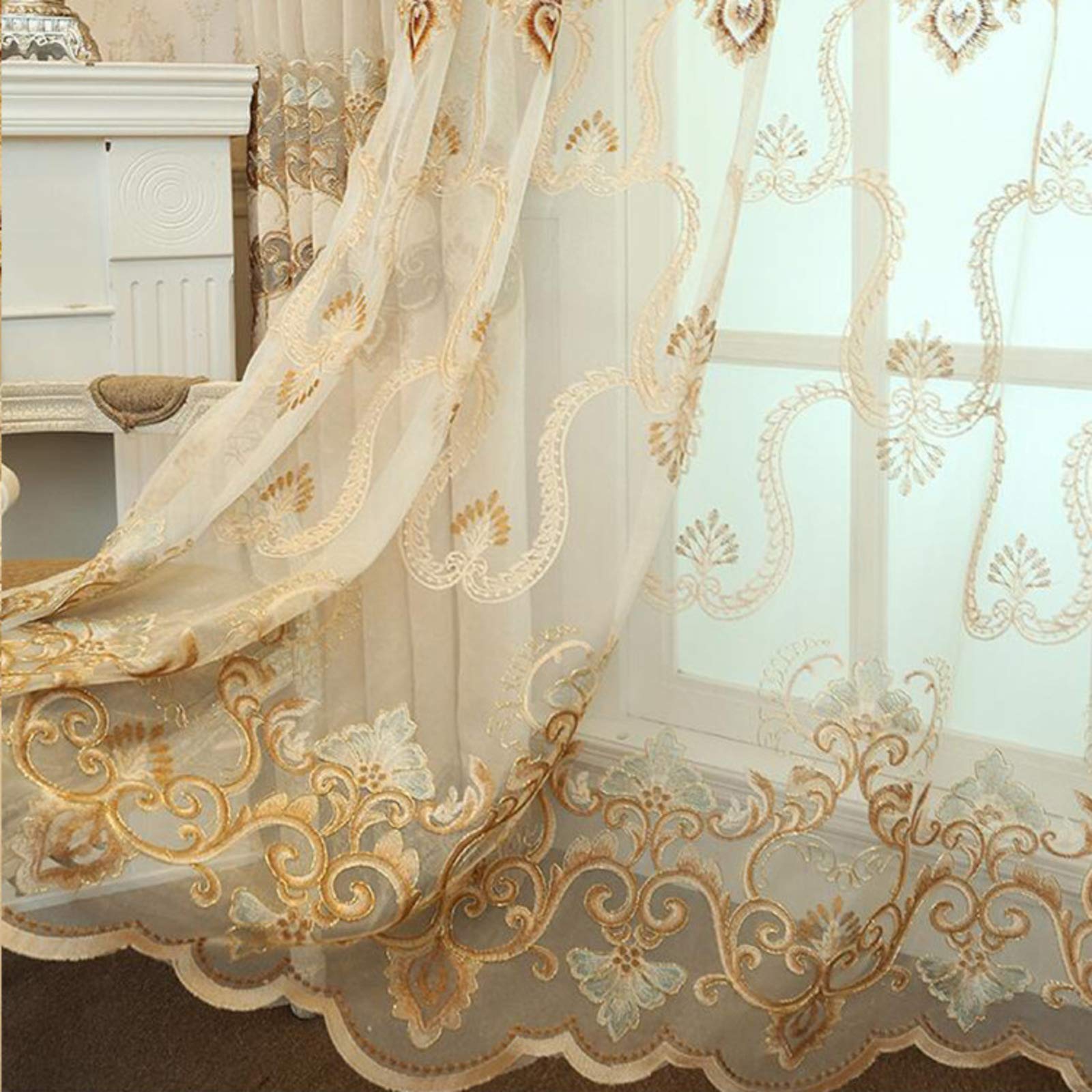 Beżowe zasłony w stylu retro, żagle, kwiatowe, haftowane, delikatna tekstura, styl vintage, żagle, panele do salonu Grommet top-ryż, białe. 300 x 270 cm (118 x 106 cali)