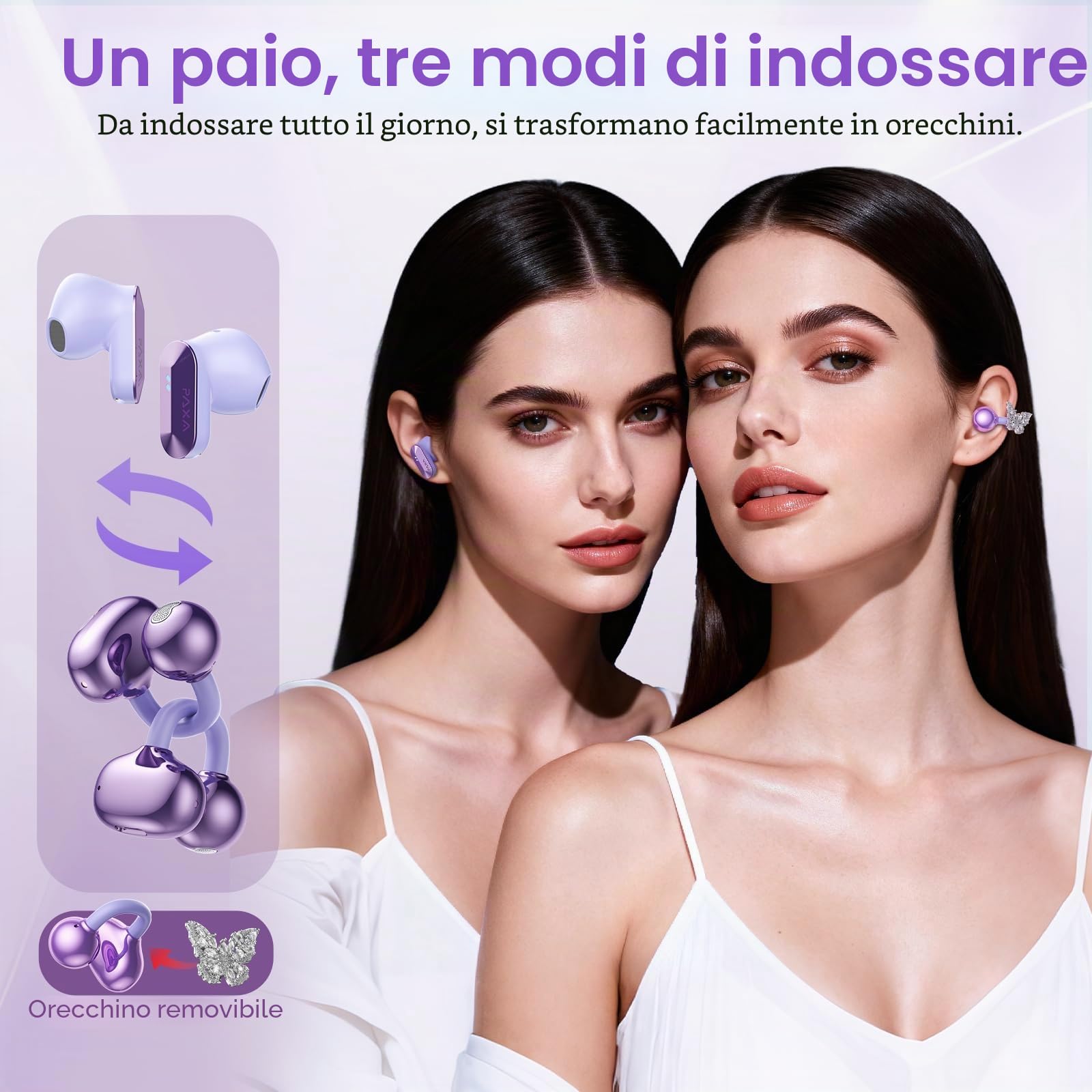 PAXA 3 in 1 Cuffie Open Ear Clip-on con Orecchini Farfalla Diamanti Rimovibile– Auricolari Bluetooth 6.0, Audio HiFi, 140H, Elegante Design Aperto, Ideali per Lo port e Tempo Libero, Ctbuds Viola