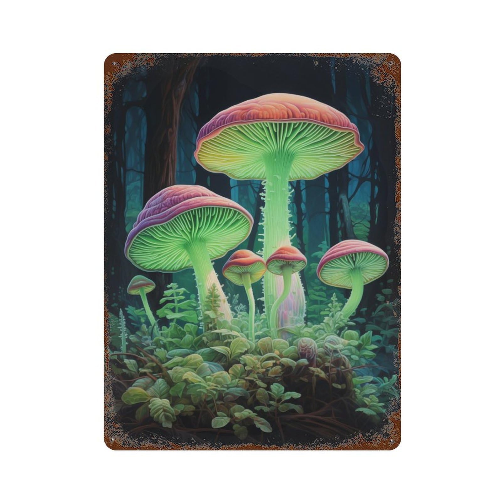 Mushrooms in Green Rusty Metal Tin Sign 15.7"x11.8", Ideal for Shed, Workshop And Garage Wall Decor