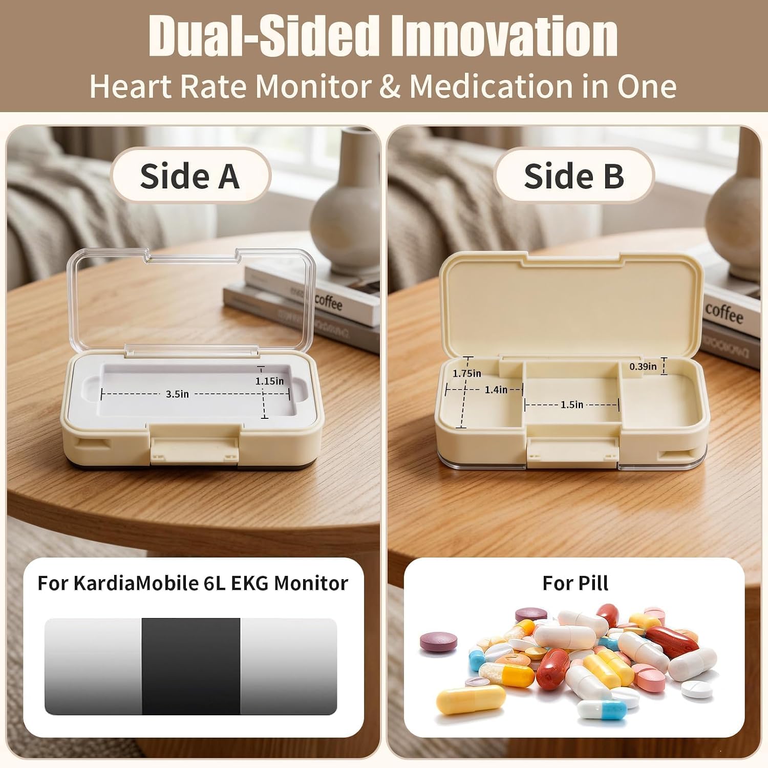 Double-Sided EKG Monitor Case for KardiaMobile 1L/6L/6L Max with Pill Box