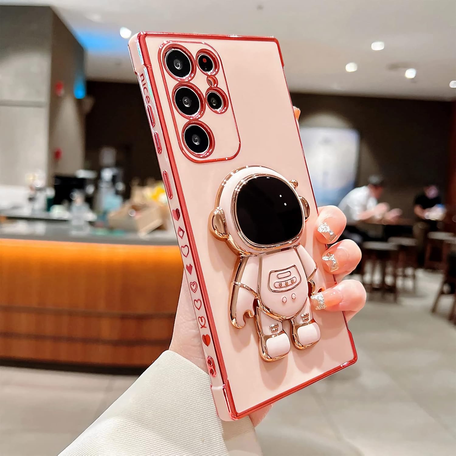 Phone Case for Samsung Galaxy S24 Ultra 6.8 Luxury Plating Astronaut Stand Holder Phone Case with Cute Love Heart Side Small Pattern Soft Silicone Shockproof Kickstand Cover Bumper (Pink)