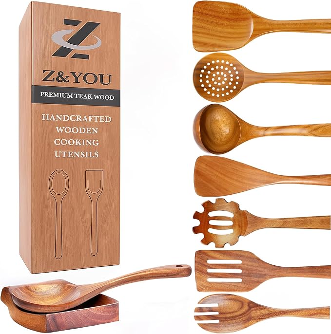9-Piece Teak Wooden Spoons for Cooking, Durable Wood Utensil Set, Natural Teak Wood Non Toxic Utensils – Safe and Non Toxic for Your Family – Wooden Spoons and Spatulas for Kitchen by Z&YOU