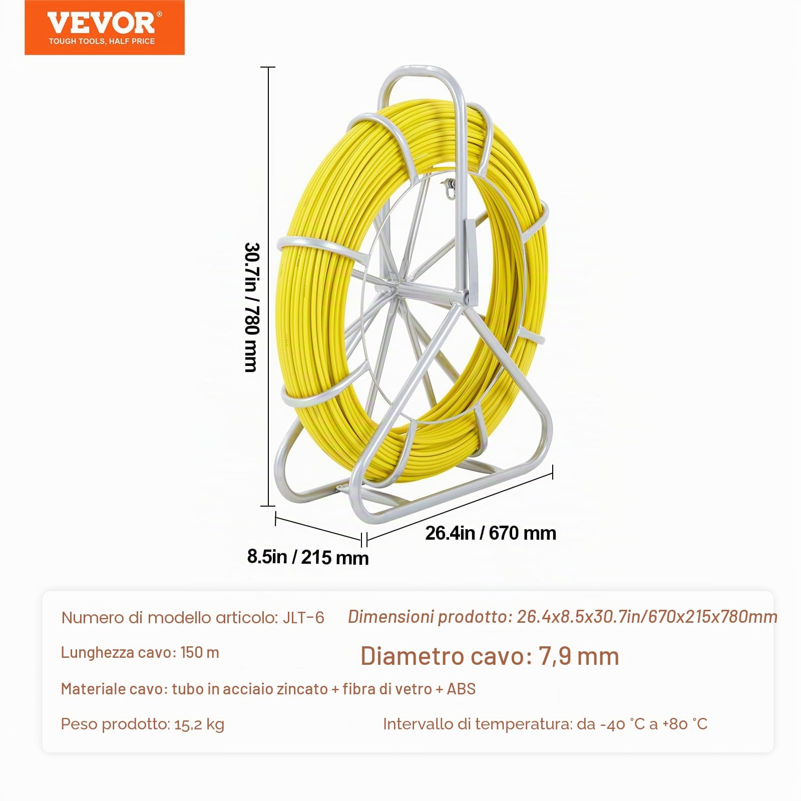 VEVOR Sonda Passacavi in Fibra di Vetro 7,9mm x 150m con Supporto in Metallo Estrattore a Nastro per Cavo Elettrico con 2 Teste di Trazione Strumento di Installazione del Cavo Elettrico in Fiberglass