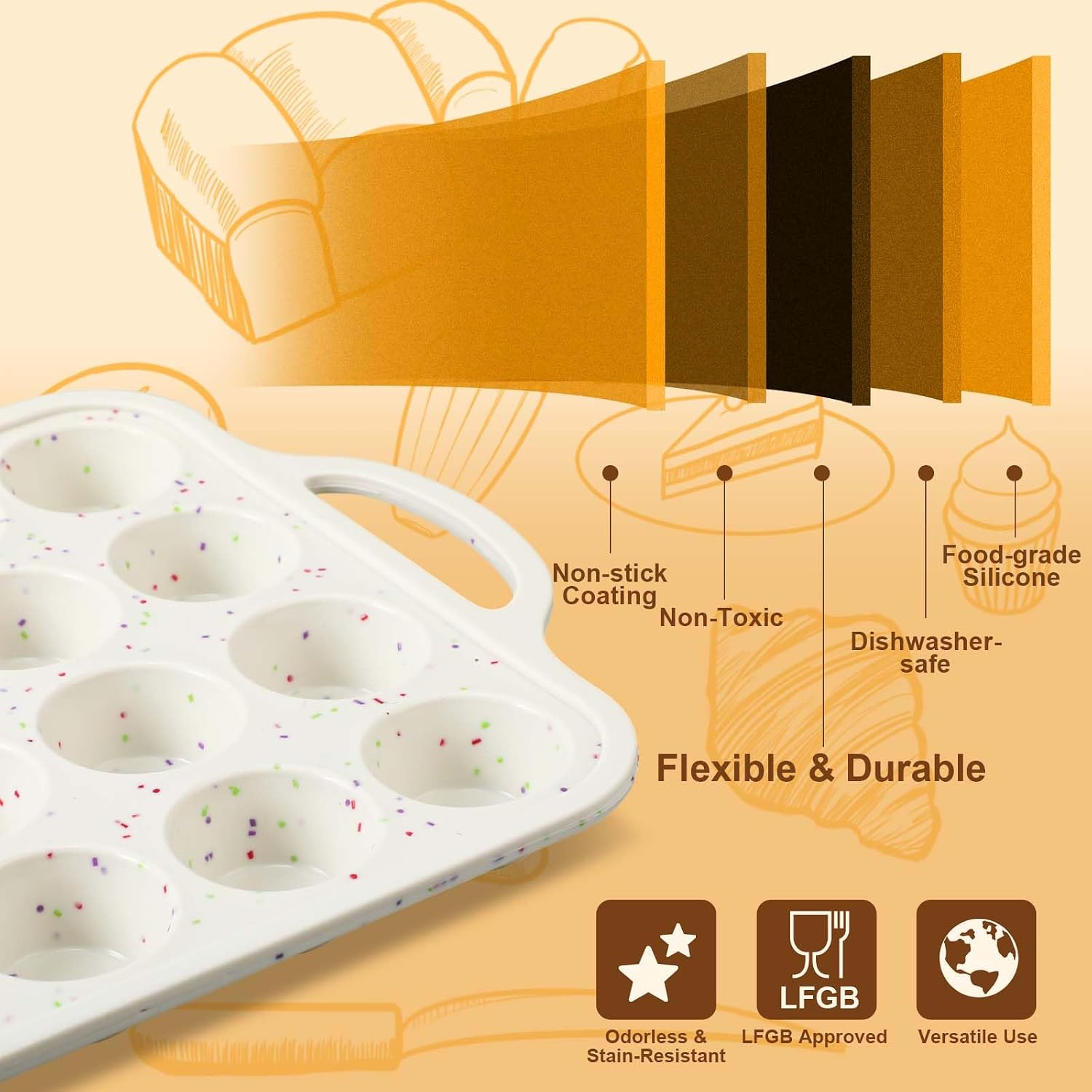 SiliFine 2 Silicone Muffin Pans for Baking with 200 Mini Cupcake Liners, Back to School 1st First Day of School Kitchen Dorm Room Bakeware Supplies, Muffin Tin(24-Cup Mini)