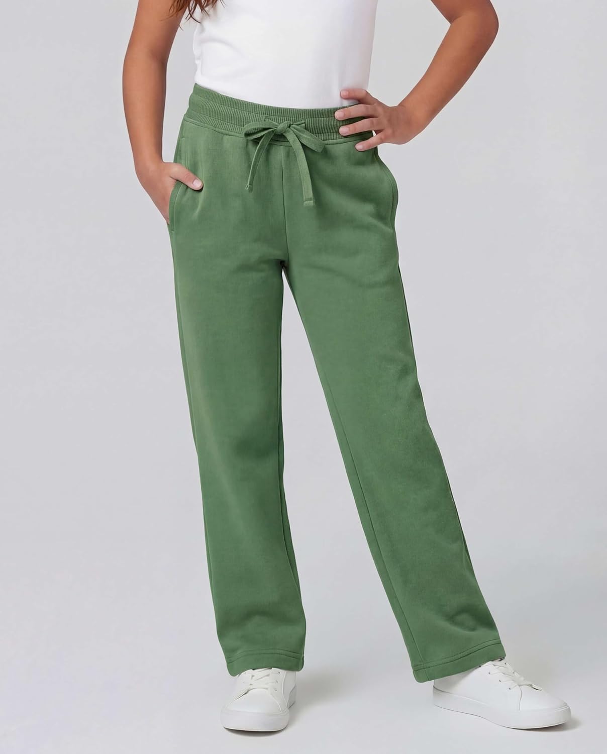 Real Essentials 3 Pack: Girls' Fleece Open Bottom Soft Athletic Performance Casual Sweatpants(Ages 7-16)