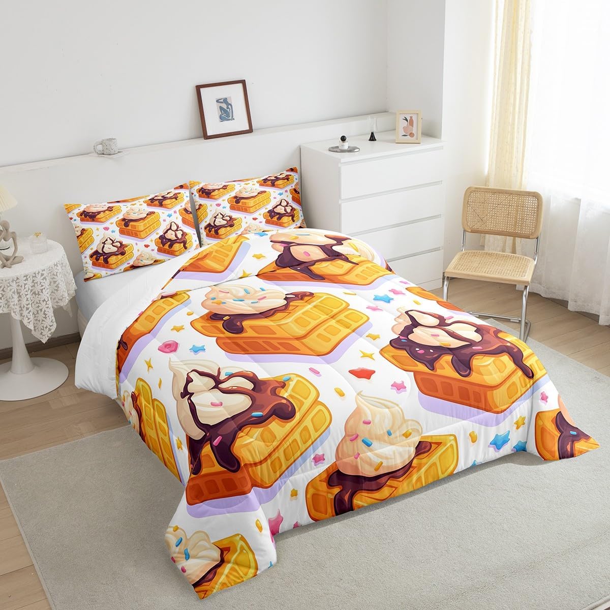 Ice Cream Cake Comforter Queen for Kids Adults Youth,Dessert Lover Cartoon Bread Quilt Comforter Room DecorWatercolor Star Candy Delicious Dessert Quilted Duvet Duvet Insert,2 Pillowcases