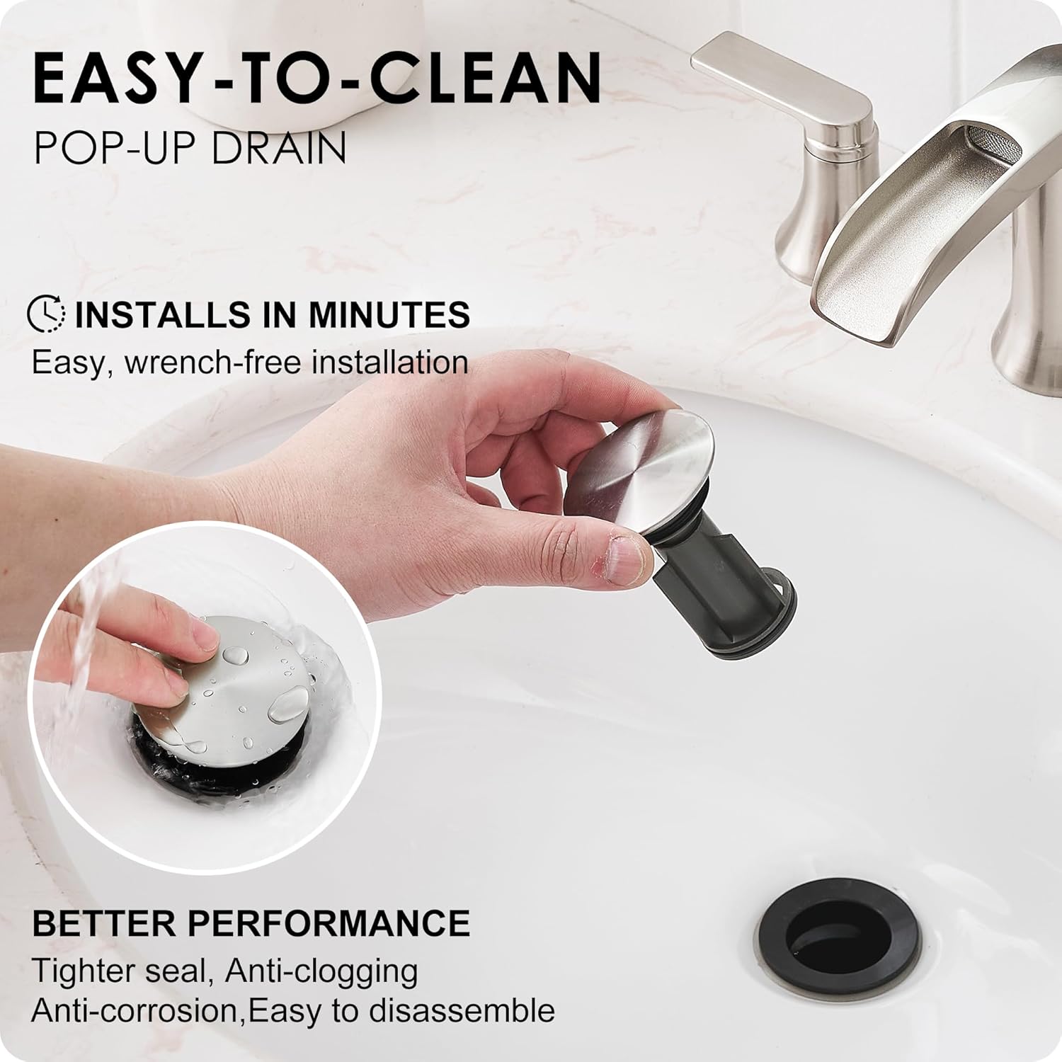 Brushed Nickel Bathroom Faucet 3 Hole, 4-8 Inch Waterfall Bathroom Sink Faucet Widespread with Drain & cUPC Supply Hose, 2 Handles for Vanity, Lavatory, Restroom, Brass Material, 10 Mins Install - Image 8