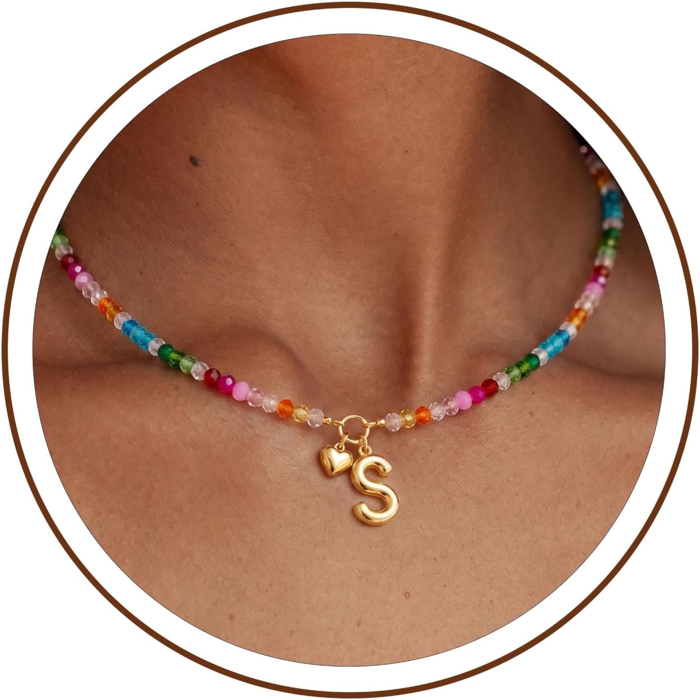Colorful Beaded Initial Necklace for Women - Dainty 14K Gold Plated Letter A-Z Pendant with Heart Charm Necklaces, Personal Birthday Jewelry Gifts for Mom Sister Wife Friends