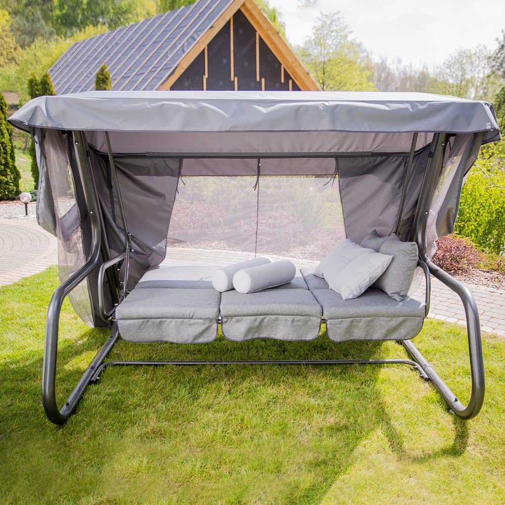 PATIO Hollywoodschaukel 4 Sitzer mit Liegefunktion 179 cm Venezia Lux Sitzpolster grau Sonnendach Moskitonetz Seitentische Dekokissen