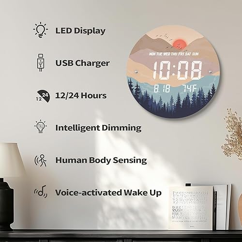 Miniatura 2 de Reloj de pared digital inteligente iluminado con puesta de sol automático con calendario de temperatura y tiempo, relojes de pantalla grande, reloj