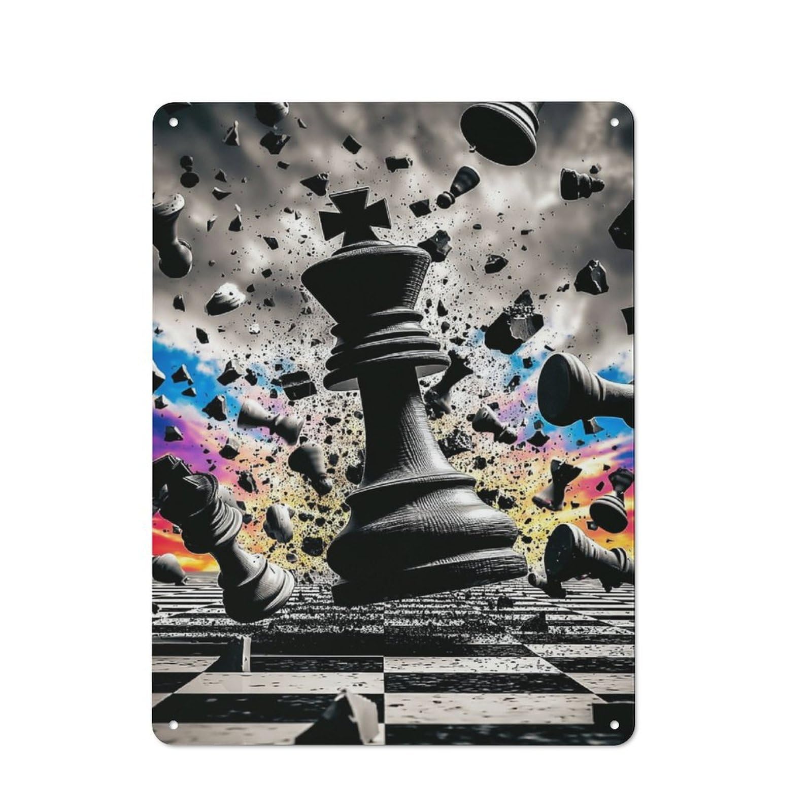 Chessboard Chaos A Surreal Battle Retro Metal Sign 40x30cm, Garage Style Shed Wall Plaque for Garage, Hobby Room, Office Or Man Cave