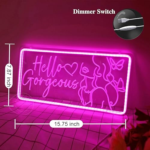 Miniatura 8 de Britrio Letrero de neón con texto en inglés Hello Gorgeous para decoración de pared, luz de neón LED rosa, corazón, mariposa, arte de pared para