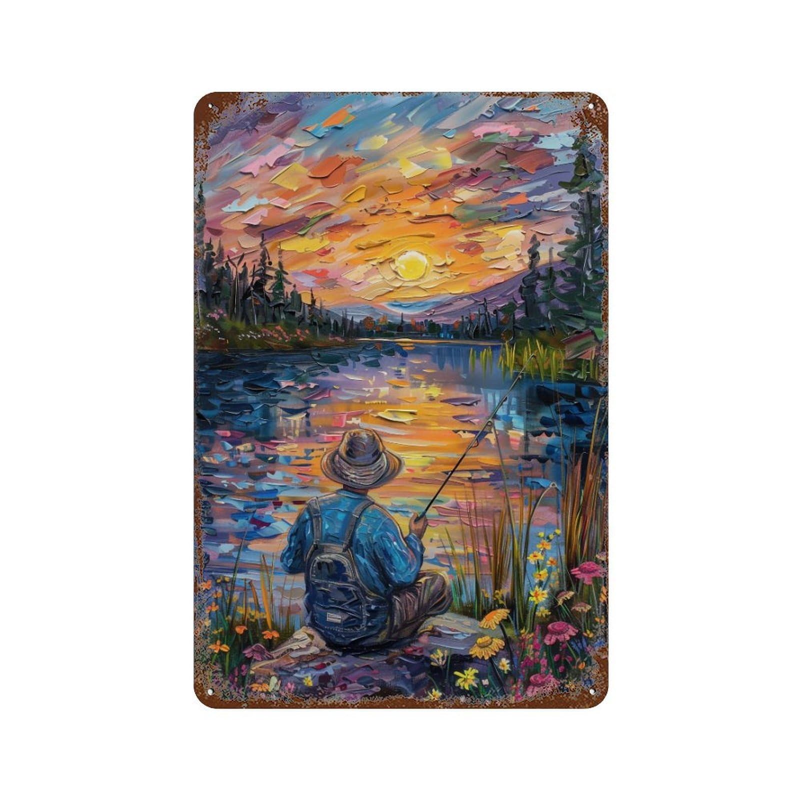 HDURYEYRYY Lakeside Fisherman Sunset Impasto 04 Wall Retro Iron Vintage Art Metal Tin Sign Poster Modern Home Cofffee Club Art Bar Shop Decor 30x20cm