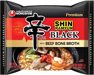 Nongshim Shin Black Ramen Noodles - Premium Gourmet Instant Microwavable Soup, Rich Beef Bone Broth, 16-Pack 4.58oz