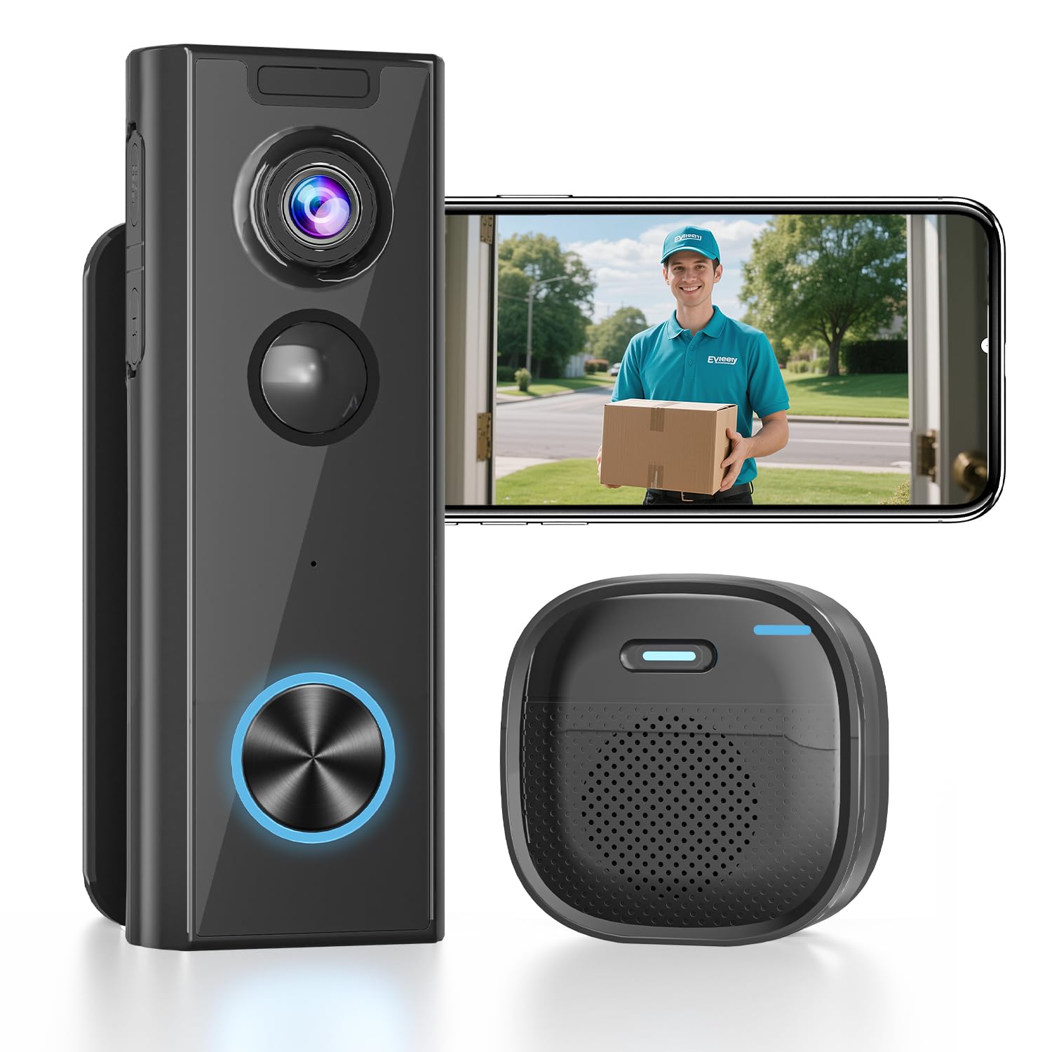 Wireless Video Doorbell Camera with Chime 2k HD Smart Door Bell Camera with Multi-angle Bracket No Subscription Voice Changer 2-Way Audio Battery Powered Cloud Storage Works with Alexa and Google Home