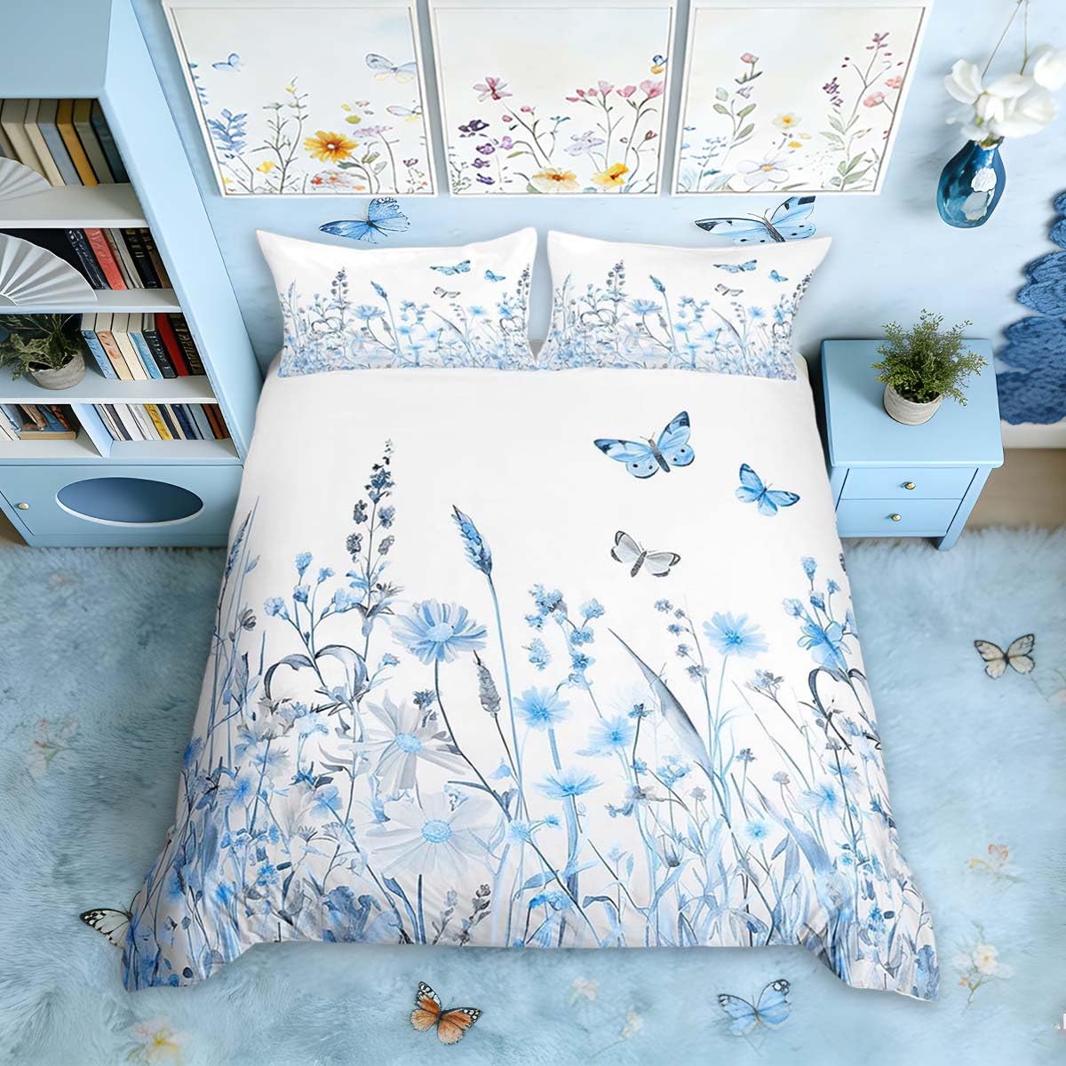 Homemissing Blue Flowers Pattern Duvet Cover Set Super King Size for Girls Adults Women Kids Butterflies Print Bedding Set Garden Flower Comforter Cover with 2 Pillowcases Nature Theme Zipper — image 1