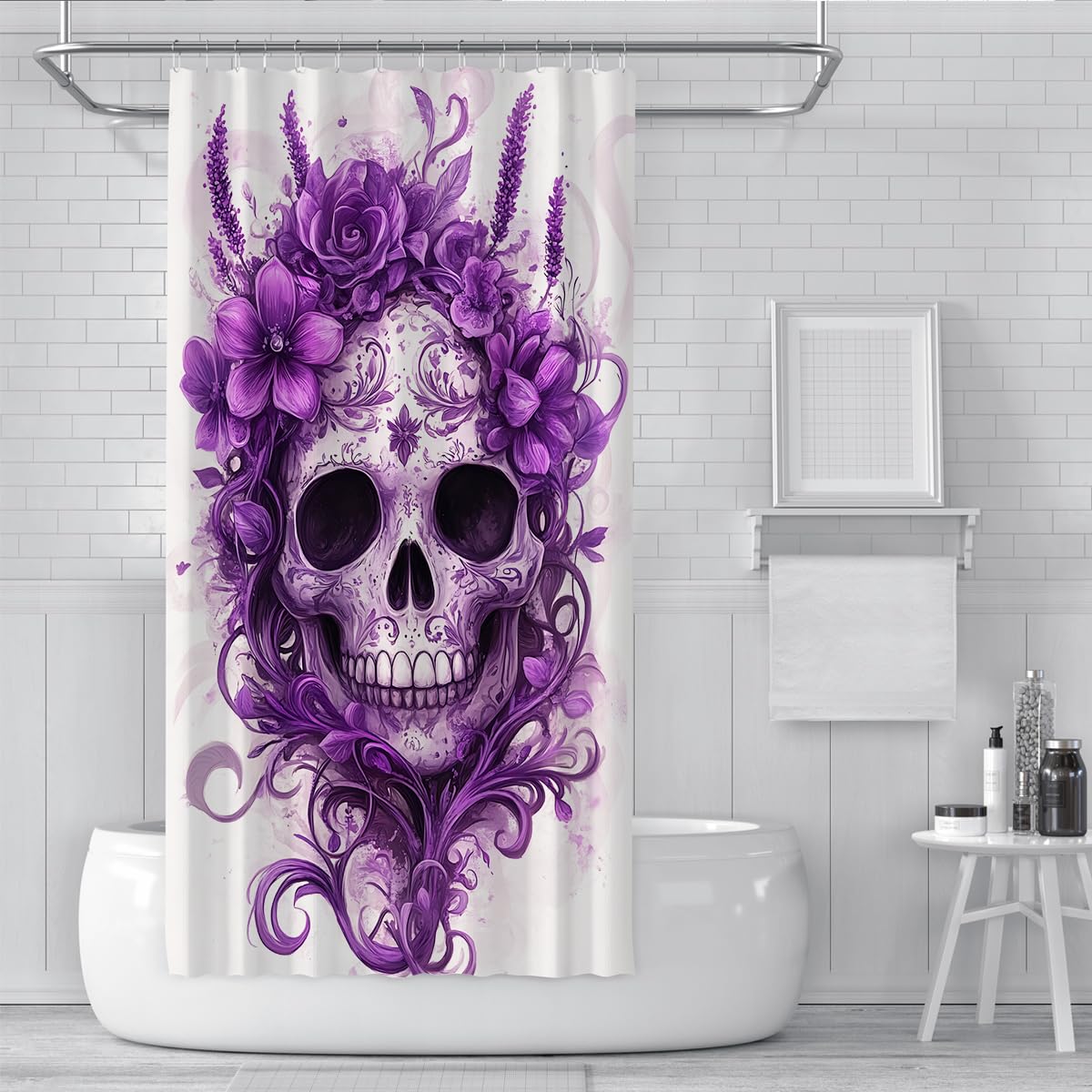 Gothic Skull Duschvorhang Purple Rose White Badezimmer Deko 180x200cm