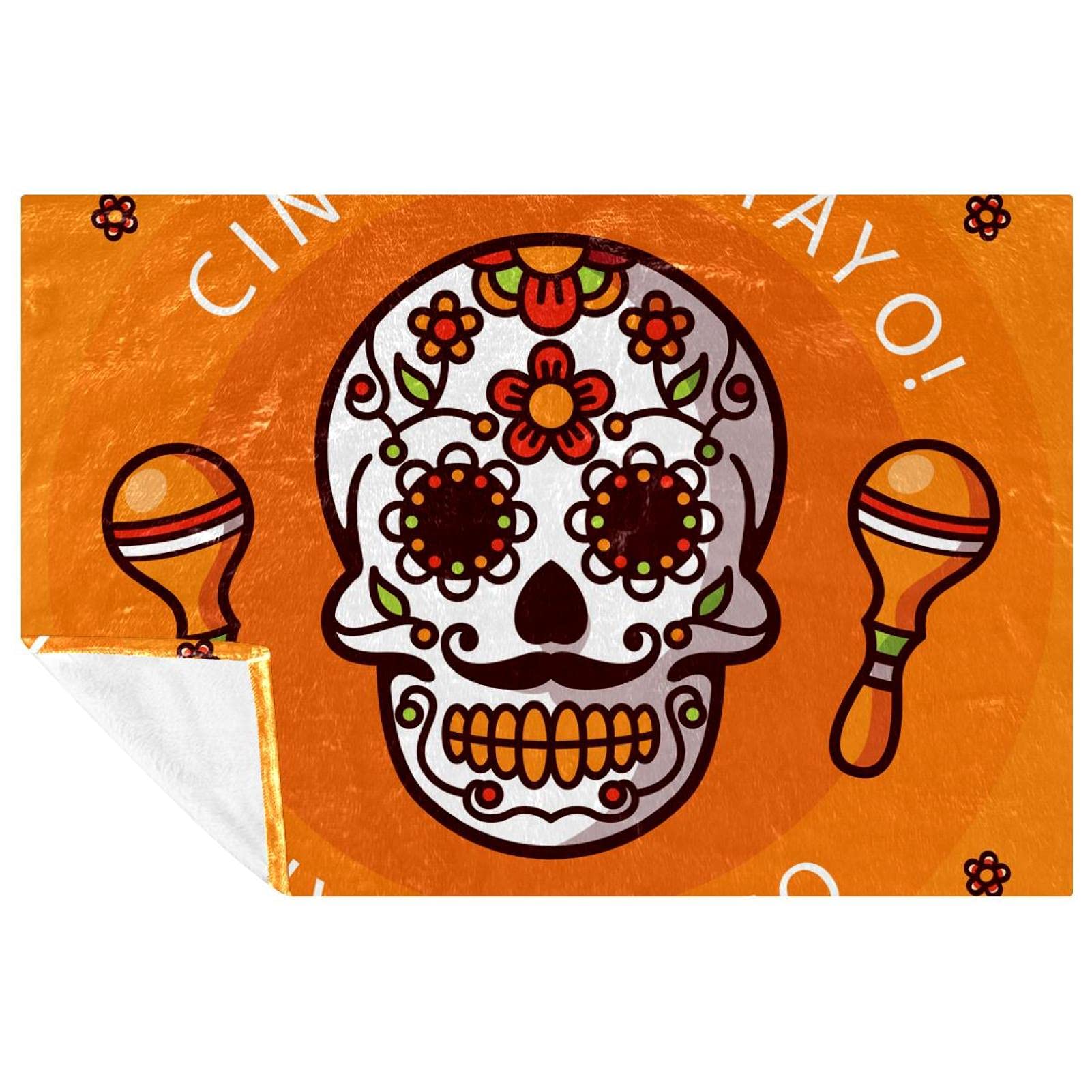 Couverture pique-nique et camping Cinco De Mayo à motif tête de mort orange tout confort