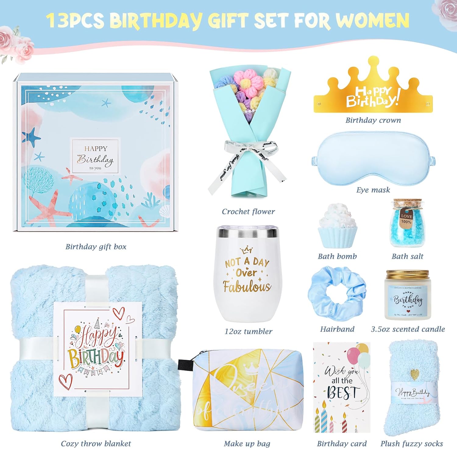 Birthday Gifts for Women, 13PCS Unique Happy Birthday Gifts Basket for Mom Her Best Friend Sister Wife Girlfriend Coworker Bestie, Luxury Self Care Box Relaxing Spa Gifts Set (Ocean) - Image 2