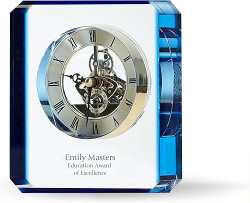Baudville Trofeo de reloj grabado, cristal transparente con acento azul, pieza de tiempo de inserción de plata, tres líneas personalizadas y