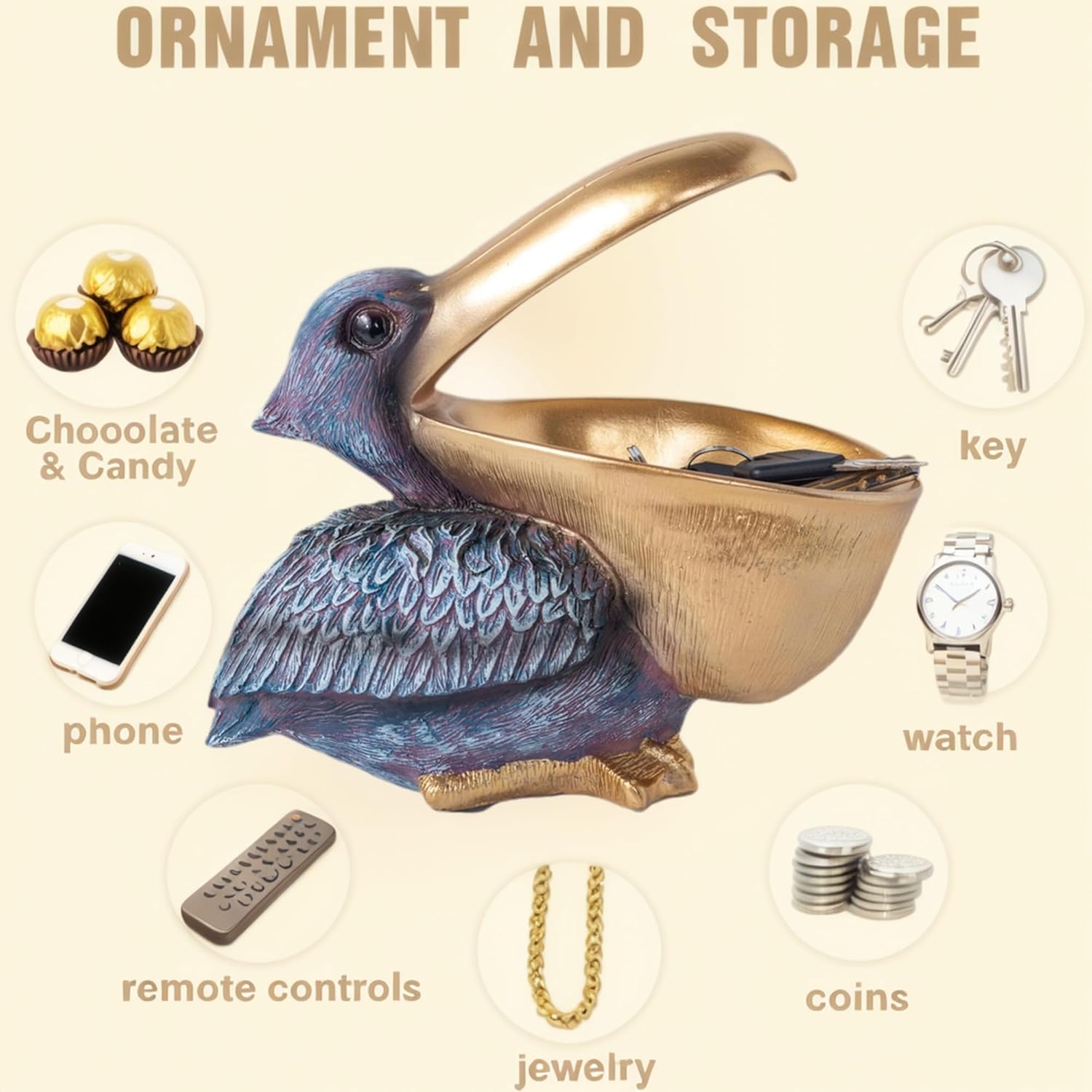 Pelican Decor Statue Candy Dish Bowl for Entryway Table Decor Items Funny Animal Key Dish Decorative Objects for Office Desk Decor Accents (Grey)