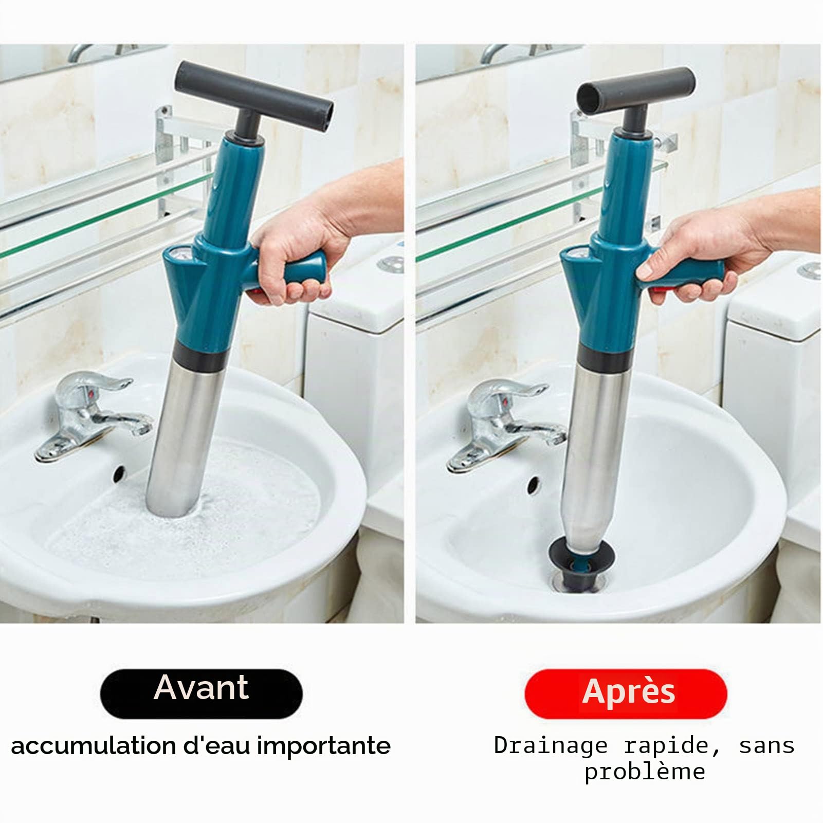 Déboucheur WC 5-en-1 à Air Comprimé | Ventouse Haute Pression pour Toilette/Lavabo/Baignoire | Anti-Bouchons Cheveux/Papier | Kit Pro avec Spirale (Bleu)