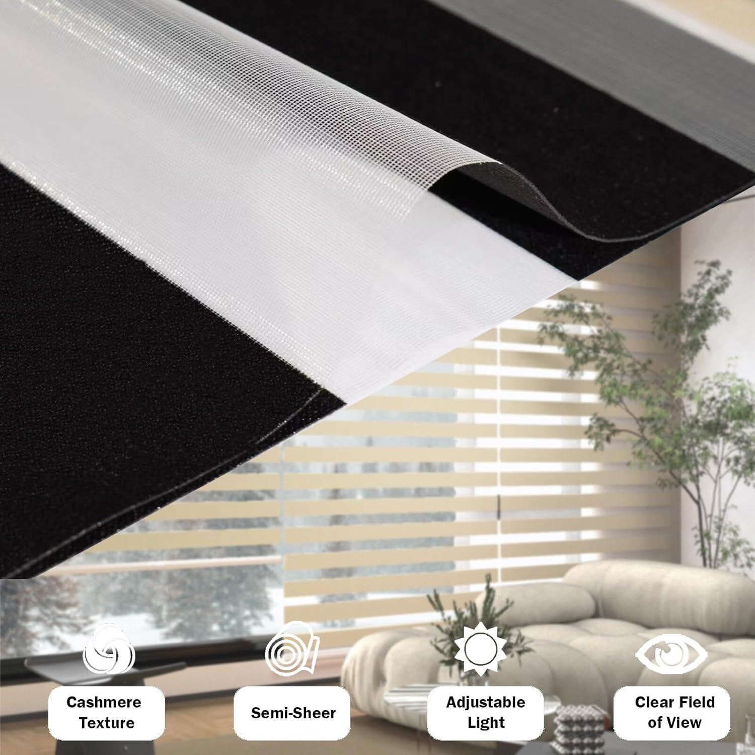 Zebra Blinds for Windows (52" W x 72" H, Black) Zebra Roller Window Shades, Corded Dual Layer Light Filtering Privacy for Day and Night, Light Control and Protecting Privacy for Home and Office