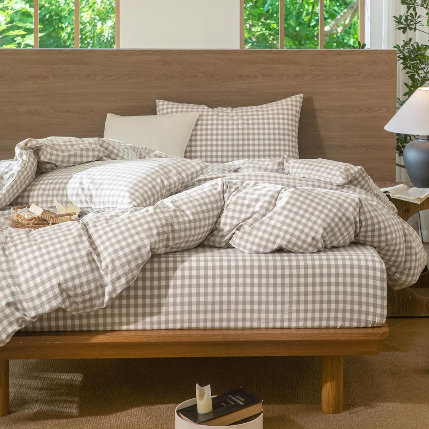 Lanqinglv Vichy - Funda nórdica de 220 x 240 cm, color caqui a cuadros, juego de cama para adultos, 2 personas, de microfibra clásica, fundas de edredón con cremallera y 2 fundas de almohada de 65 x