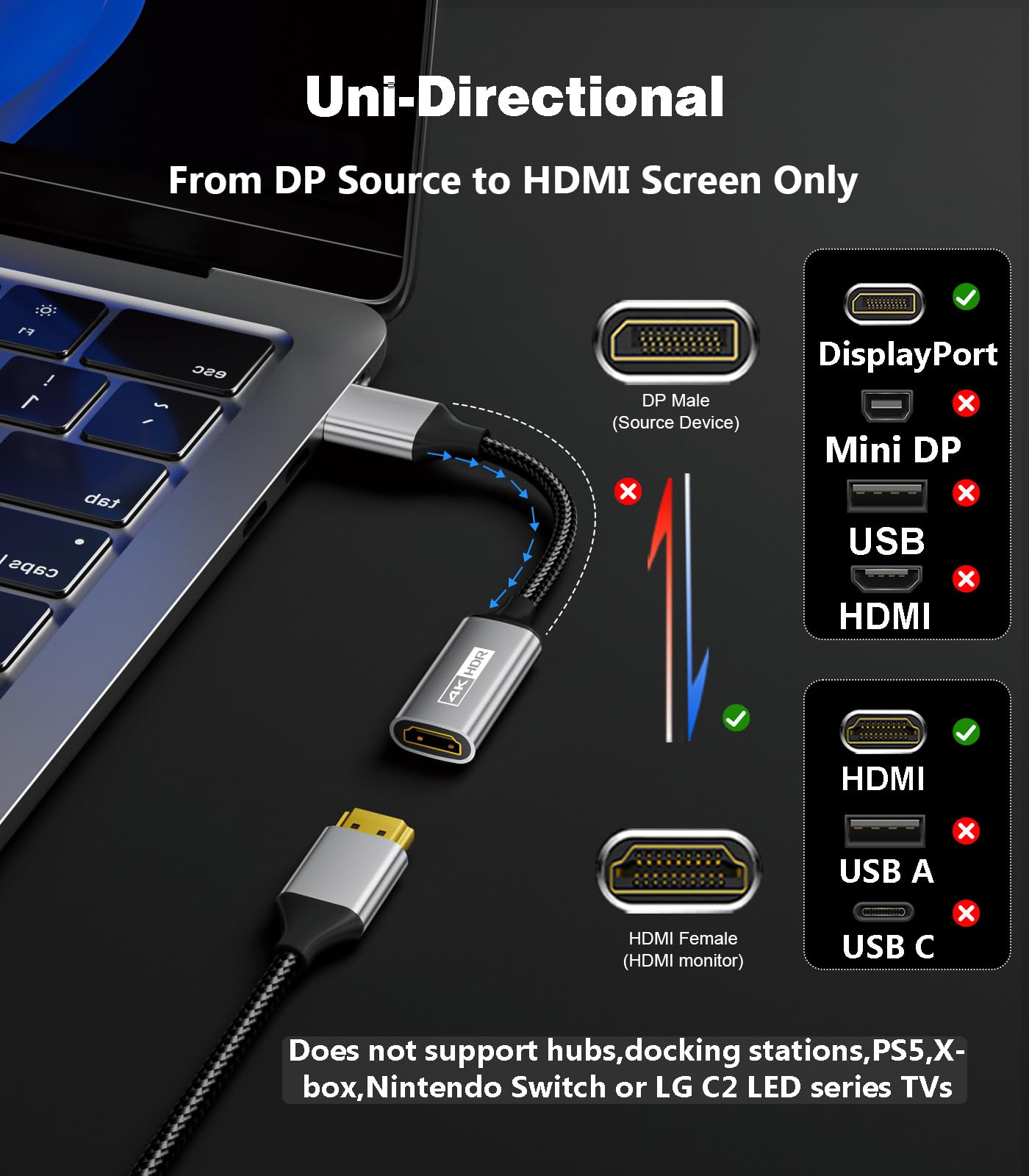 Lot de 5 adaptateurs actifs DisplayPort vers HDMI (4K @ 60 Hz, 1440p/2K @ 120 Hz) unidirectionnel DP 1.2 vers HDMI 2.0, mâle vers femelle, compatible avec AMD, NVIDIA, ordinateurs de bureau
