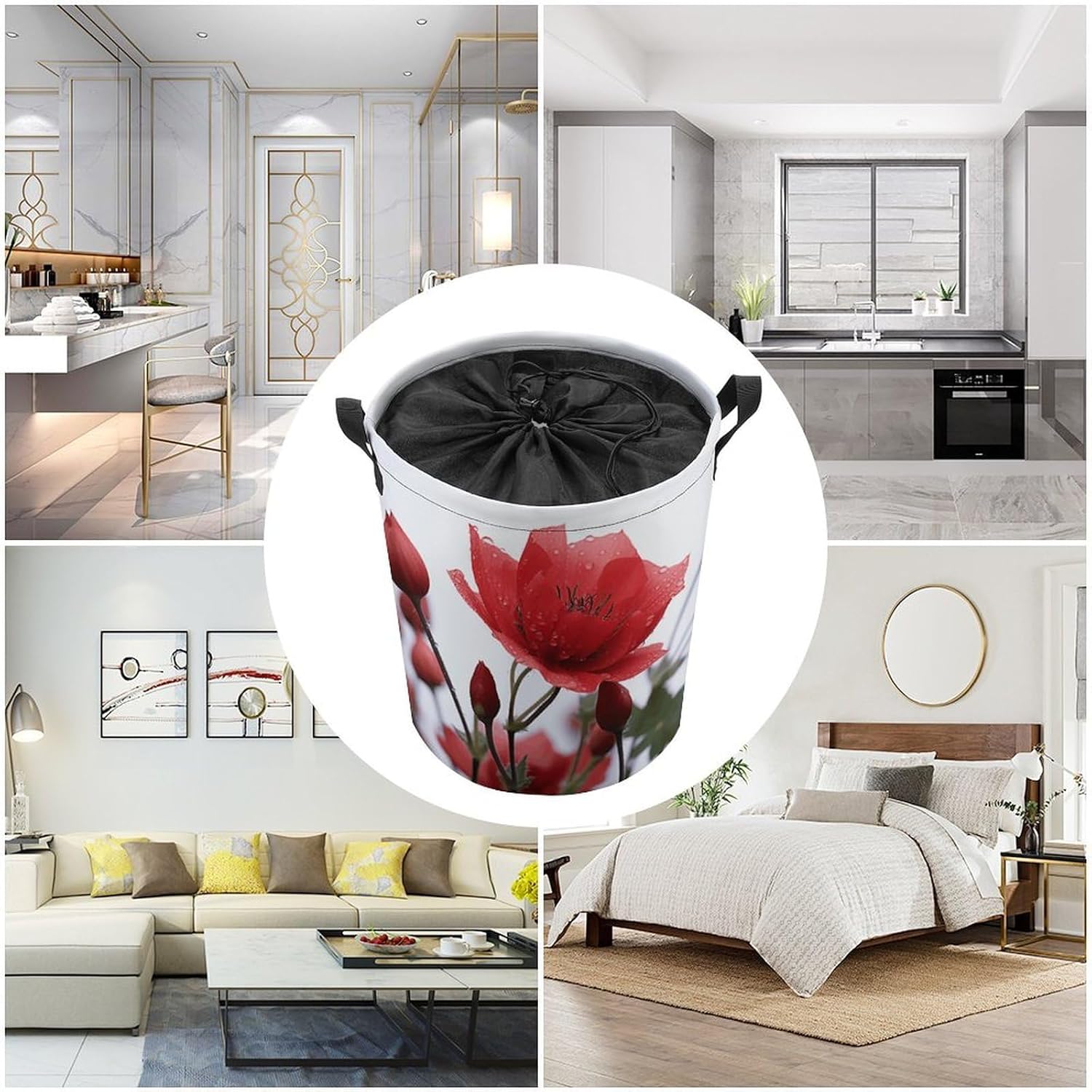 Red Flower Bud Laundry Basket Collapsible Clothes Hamper with Reinforced Handles Large Capacity Waterproof Laundry Bag Freestanding Laundry Hamper for Bedroom Bathroom