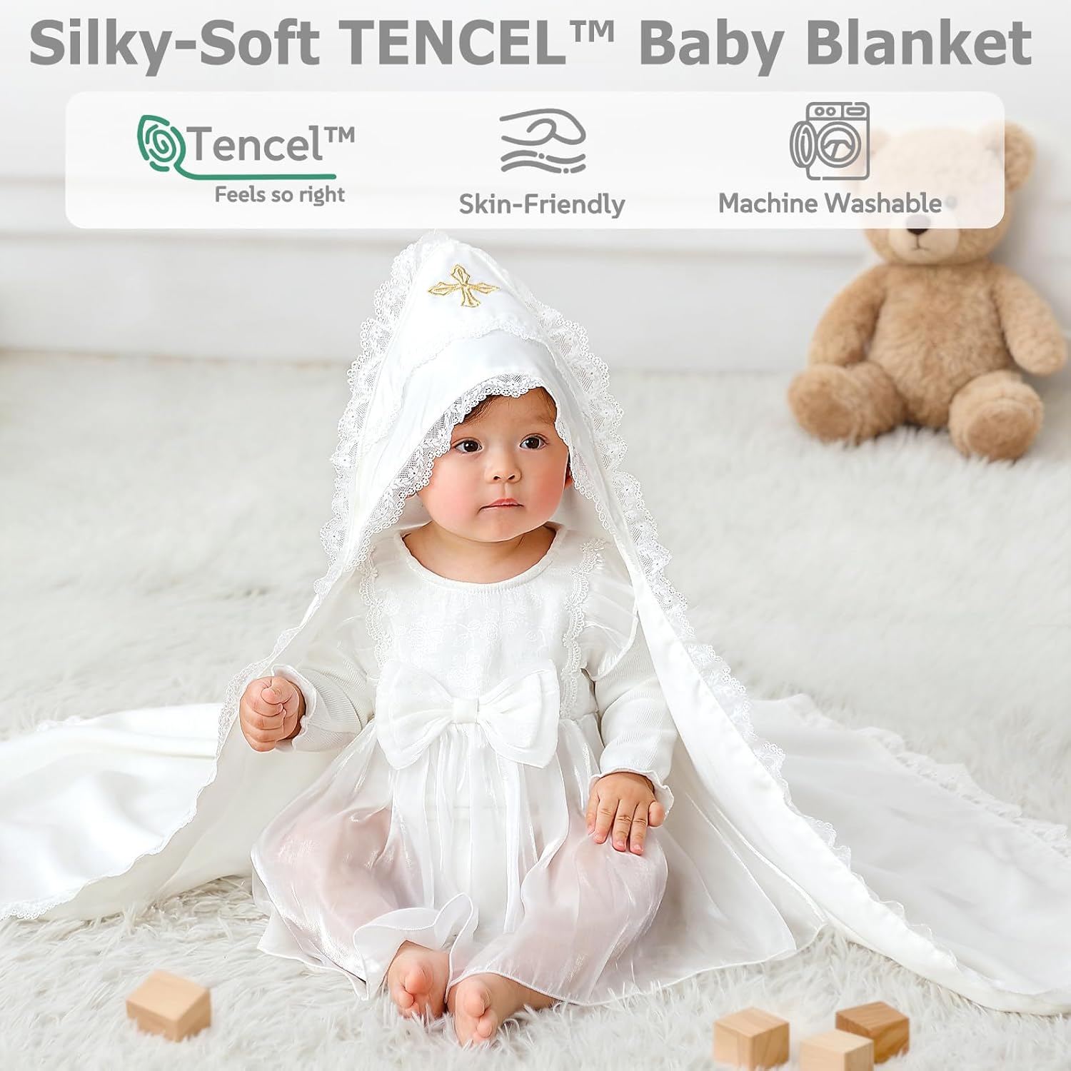 Tencel Baptism & Christening Baby Blanket – Soft Lyocell Heirloom Blanket with Delicate Lace Trim and Gold Cross Embroidery, 39.4×39.4 in, Elegant Religious Keepsake for Boys & Girls