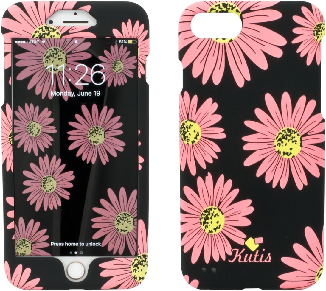 360° Slim Matte Protector Case Cover W/ Matching Wall Paper for Apple iPhone 8, iPhone 7 (Black With Flowers)