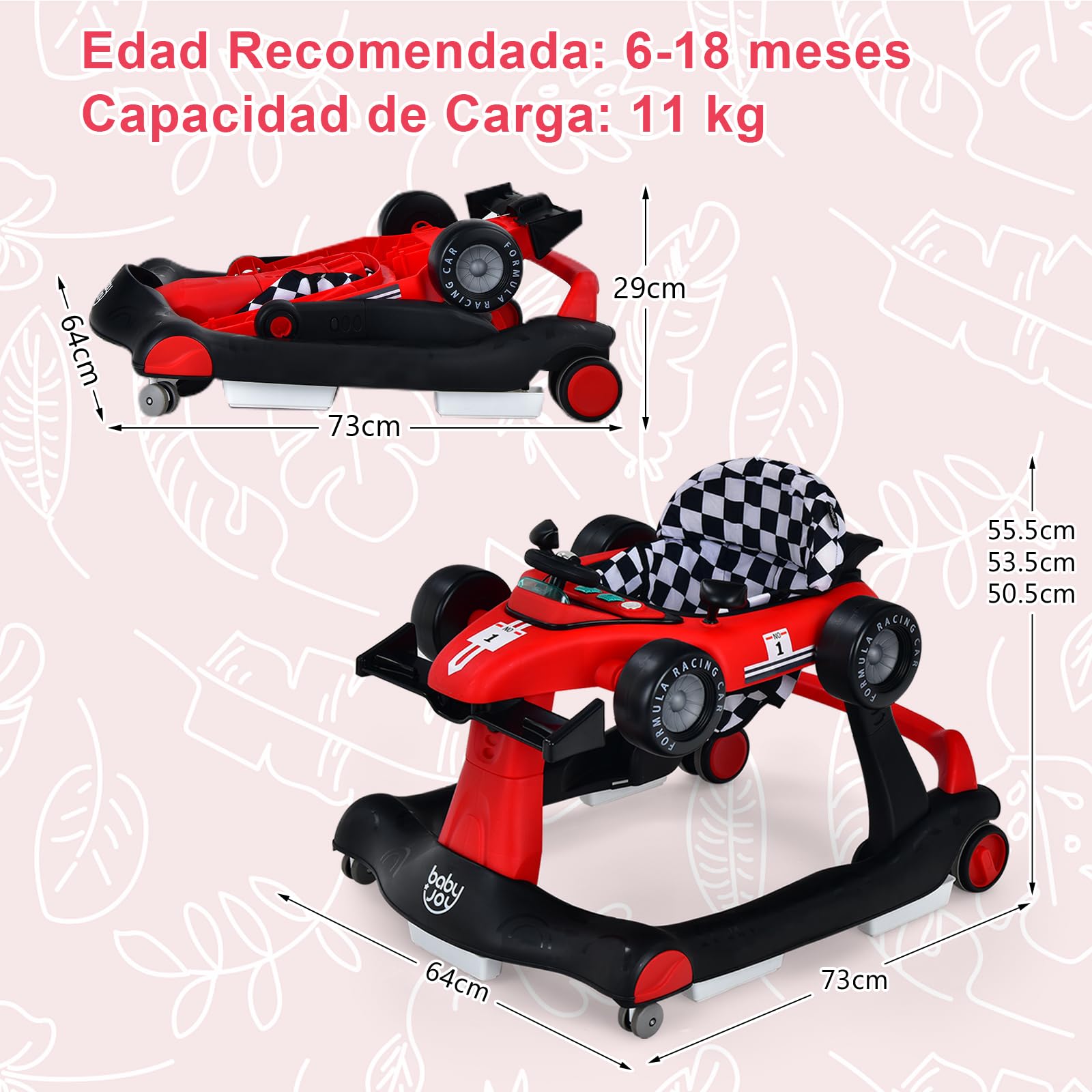 RELAX4LIFE 4 en 1 Andador para Bebés 6-18 Meses, Andador Plegable con Altura Regulable en 3 Niveles, Tacatá Bebés con Luces, Sonidos y Velocidad Controlable, 64 x 73 x 50,5-55,5 cm (Rojo)