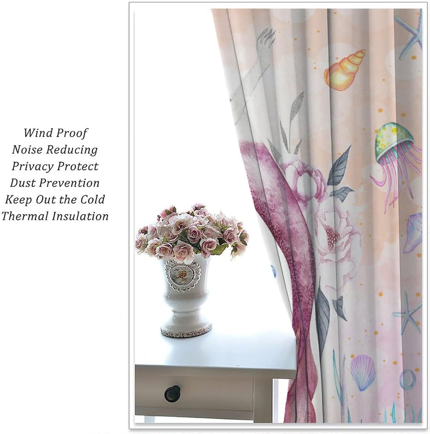 Watercolor Mermaid Curtains, Pink Sea Ocean Theme Window Drapes for Girls Bedroom Cute Coral Reef Fish Seashell Jellyfish Print Blackout Curtains for Kids Room Living Room, 42" W X 45" L