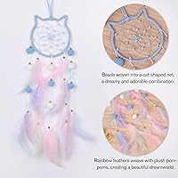 Vista 3 de Pretty Jolly - Atrapasueños azul de gato para niños, decoración de pared con pompones y plumas, atrapasueños hecho a mano para niños, decoración