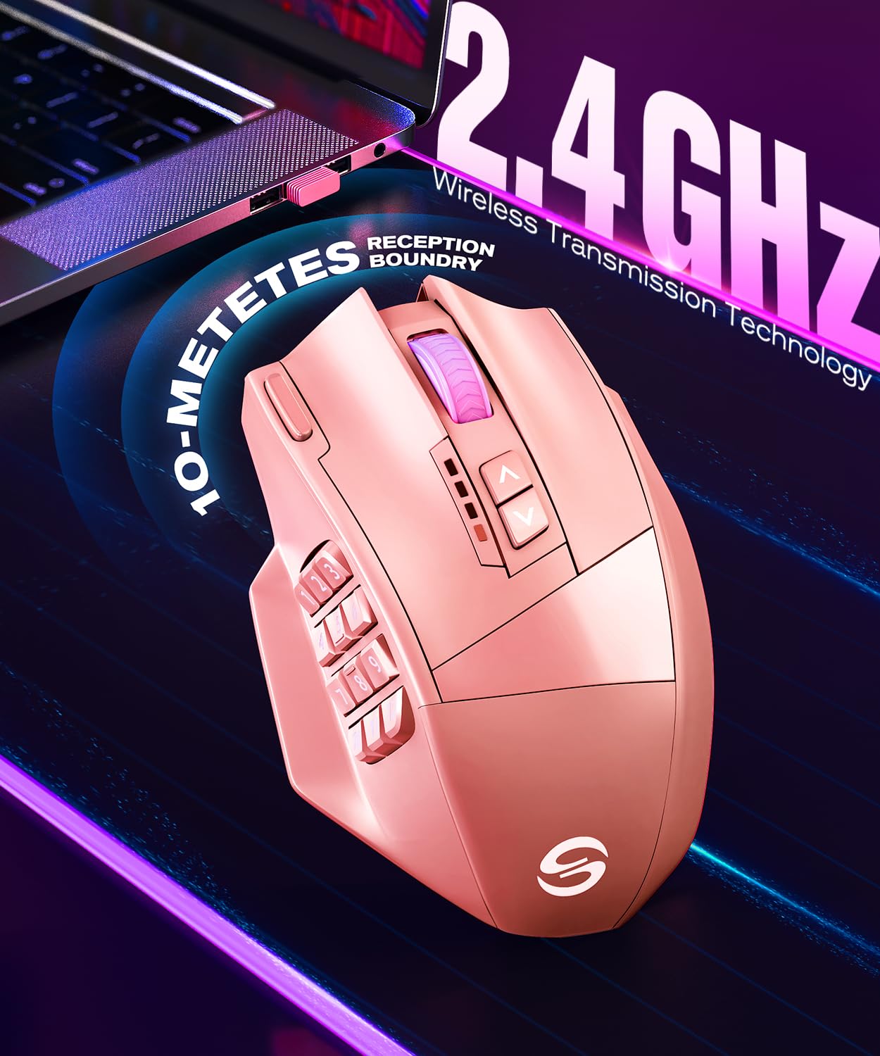 UtechSmart Venus Pro Souris de gaming sans fil avec capteur optique 16 000 DPI | Double modes sans fil, éclairage RVB chroma de 16 m, 16 boutons programmables, design ergonomique, jusqu'à 70 h, rose