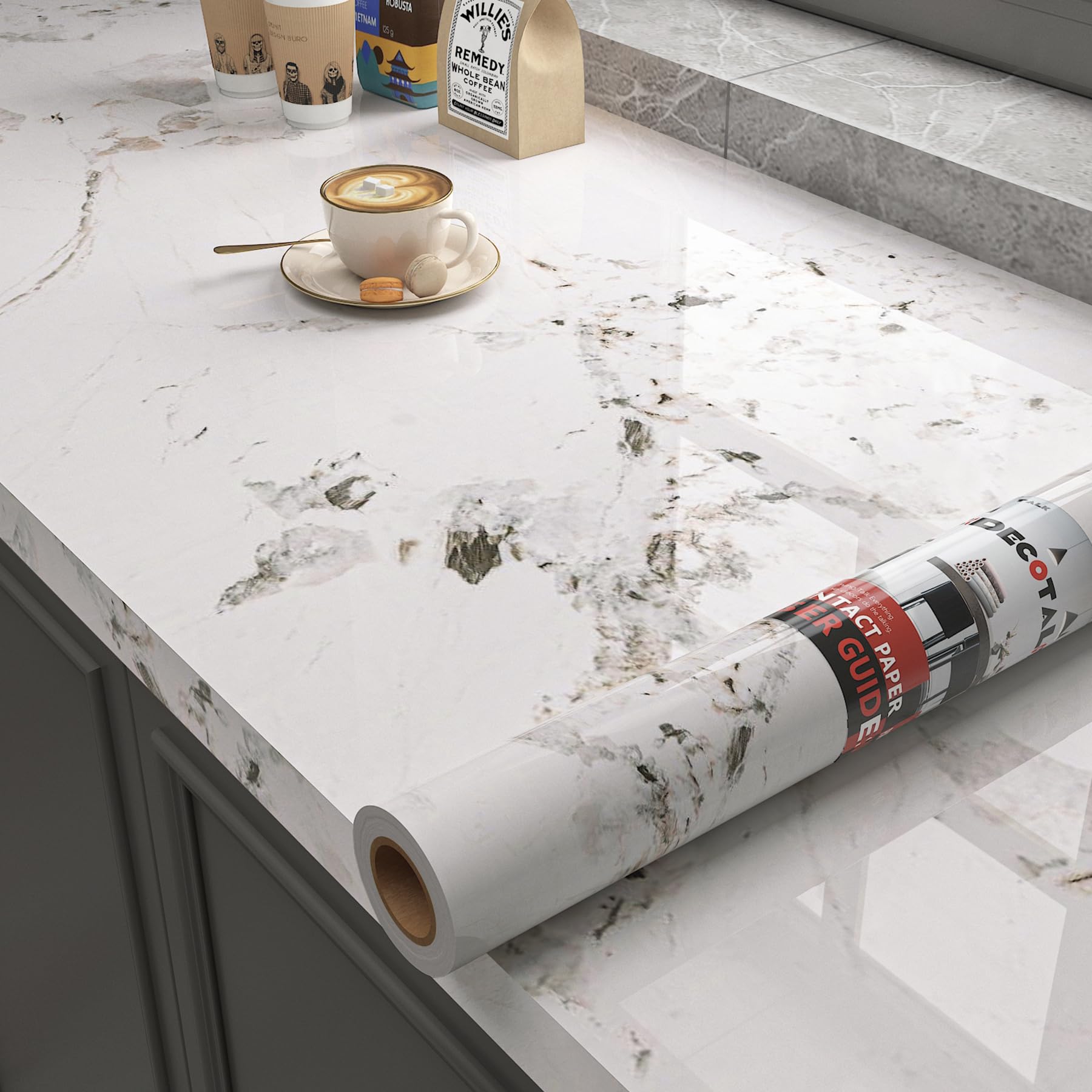 Decotalk 30"x120" White Marble Contact Paper Peel and Stick Glossy White Marble Contact Paper for Countertops Waterproof Countertop Vinyl Wrap Contact