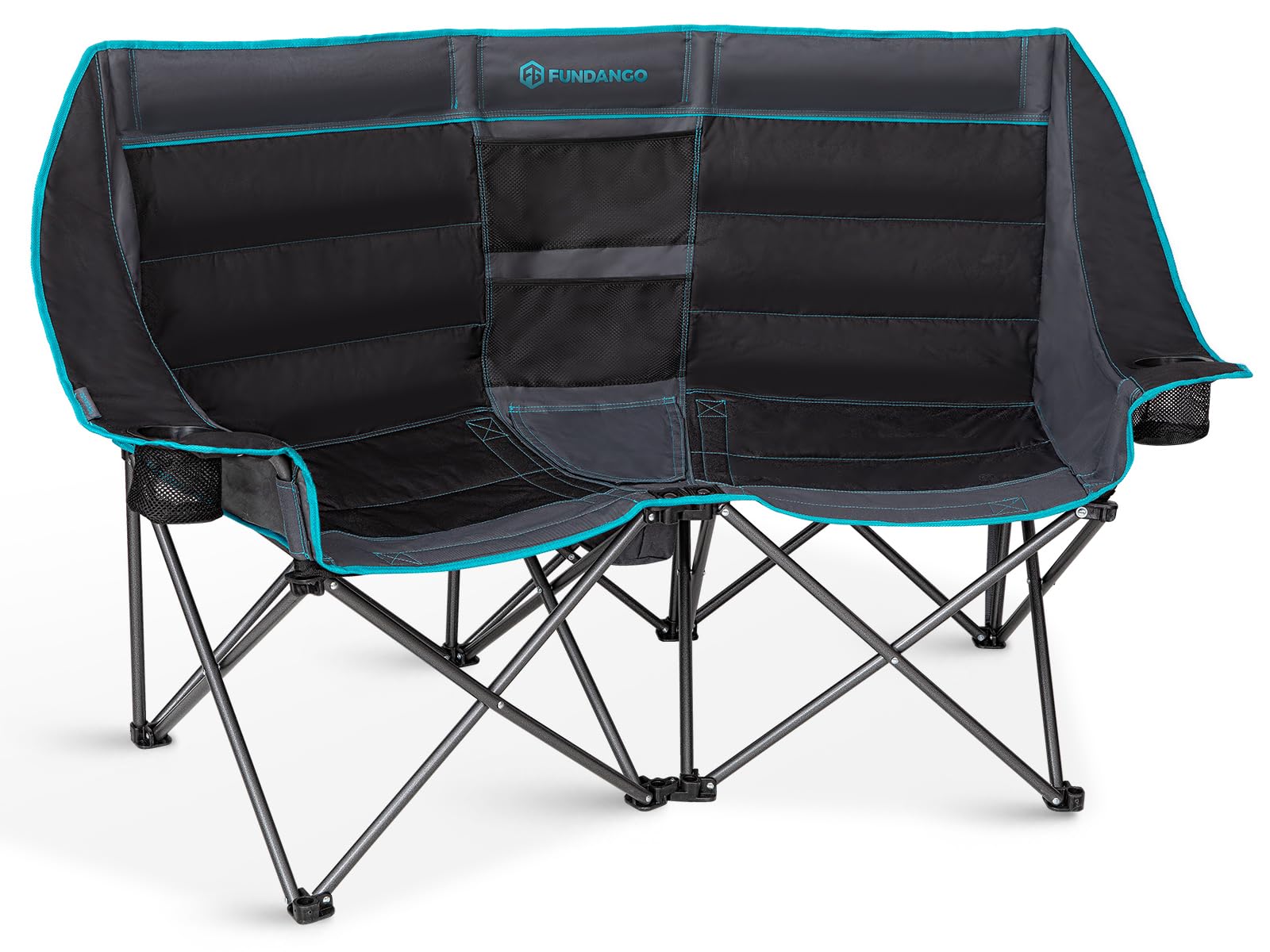 FUNDANGO Extra Wide Double Camping Chair for Adults with Cooler Oversized 2 Person Loveseat Padded Heavy Duty Two