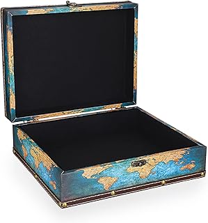 ELLDOO Decorative Treasure Chest Box, Wooden + PU Leather Storage Box for Jewelry Trinkets Photos, Rectangular Keepsakes box for Girls Women Gifts, Green Map Pattern