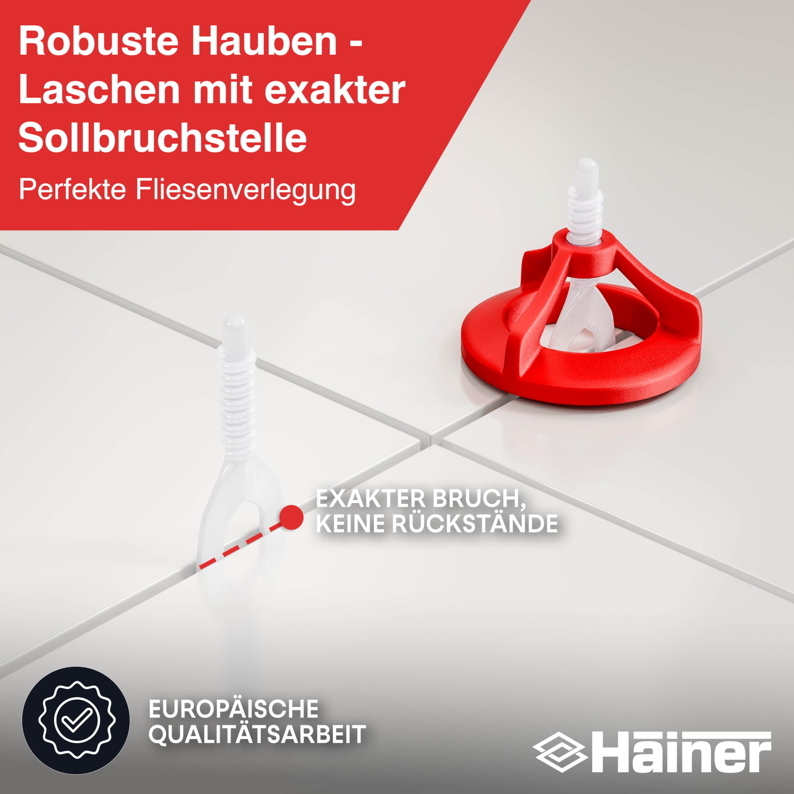 Hainer® Premium Fliesen Nivelliersystem Fliesenverlegehilfe | Saubere Fugen durch perfekte Abstandshalter, für Heimwerker & Profis inkl. Ebook und Anleitung (Set 100 Hauben + 200 Laschen, 2mm)