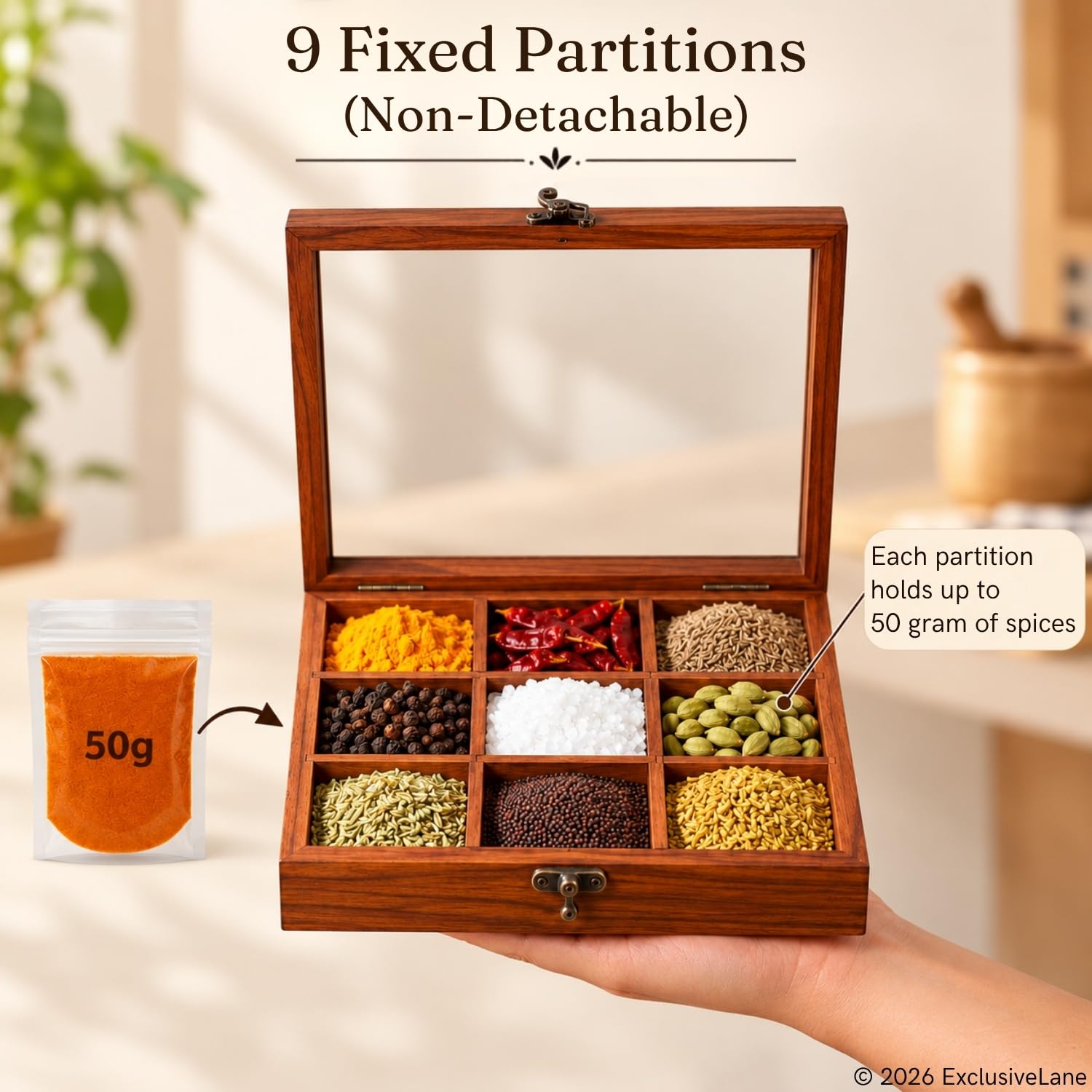 ExclusiveLane Sheesham Wooden Spice Box for Kitchen with Spoon (Non Removable Partitions, 50 ml, Brown) |Wooden Masala Box for Kitchen Dabba Dani Masala Container Spice Box Wooden Namak Masala Dani — Amazon image 5
