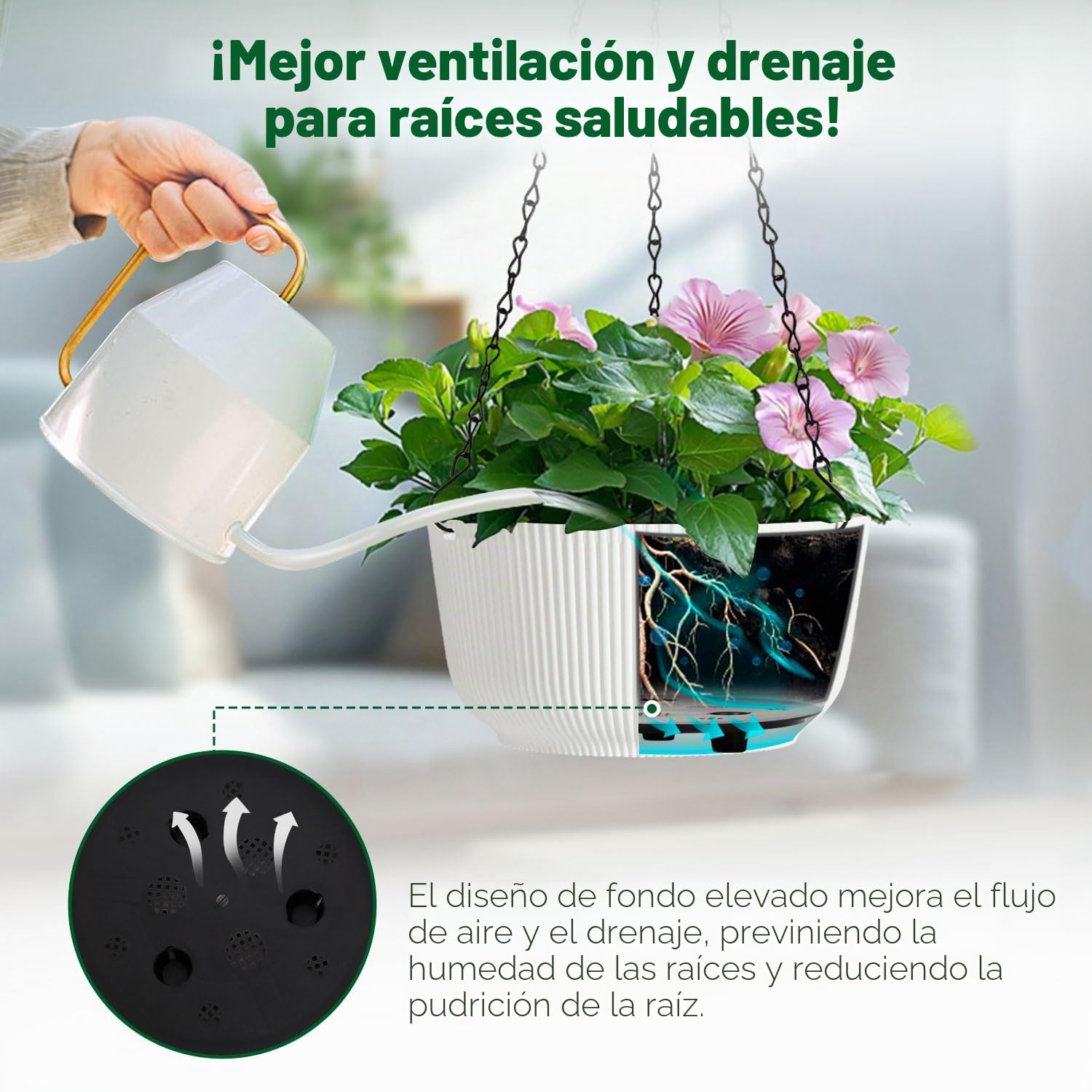 T4u Maceta Colgante 20 cm Pack de 2 con Drenaje para Exterior Blanco | Diseño estriado, cadena resistente, plantas verdes, flores, balcón, ventana, hogar, oficina, ahorro de espacio, decoración