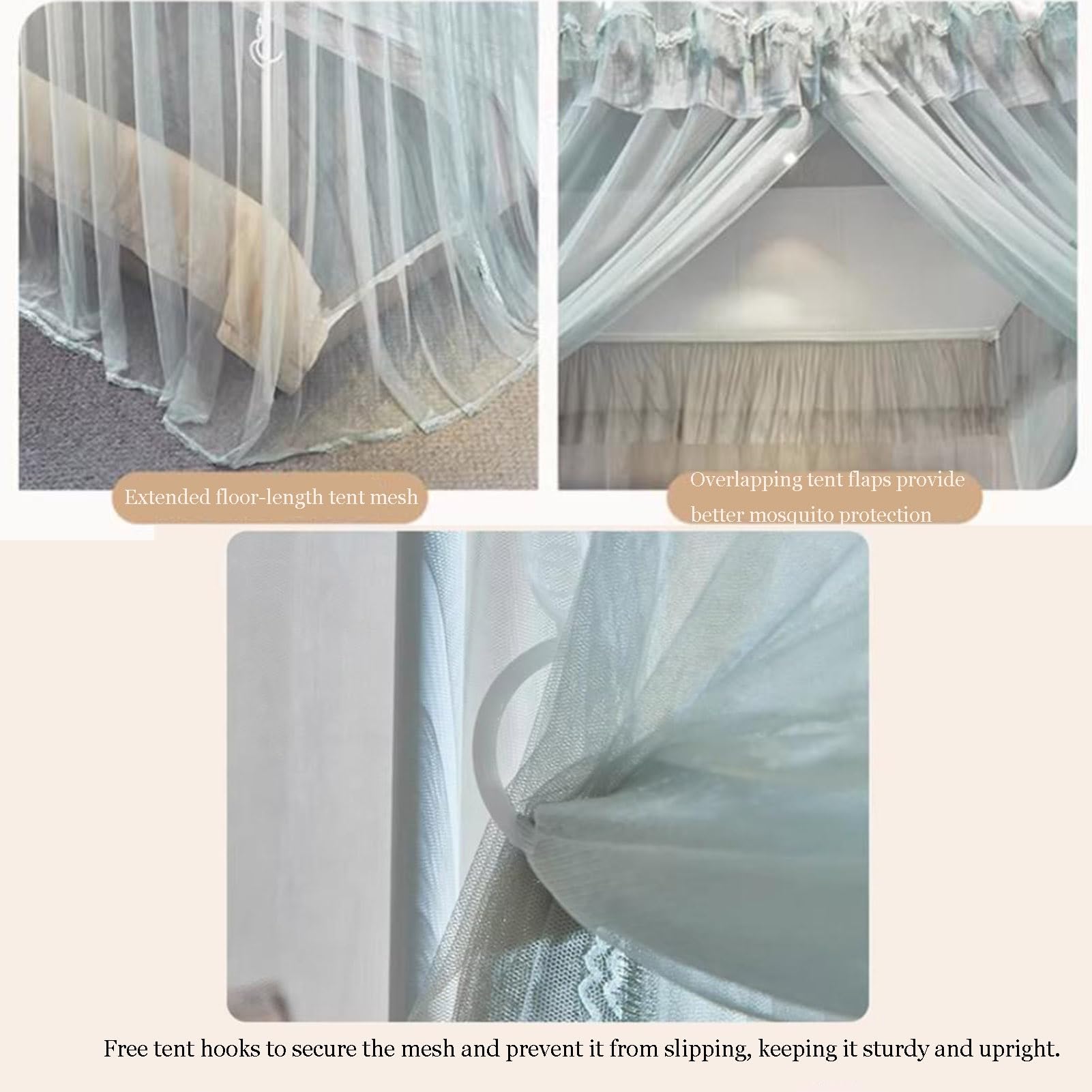Generico Zanzariera a baldacchino Beige con Volant per Letto, Design Aperto su 3 Lati, tendaggi per Camera da Letto, L 78,7" x A 59,1", Elegante Protezione dagli Insetti e Decorazione